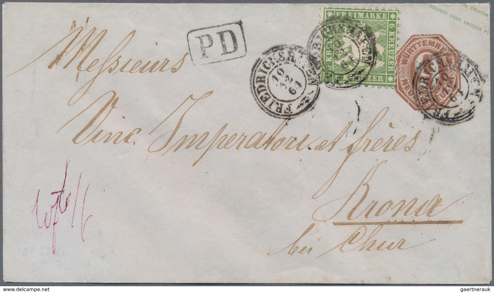 Württemberg - Ganzsachen: 1864, 9 Kr Gelbbraun Ganzsachenumschlag Mit Zfr. 6 Kr Olivgrün Von FRIEDRI - Autres & Non Classés