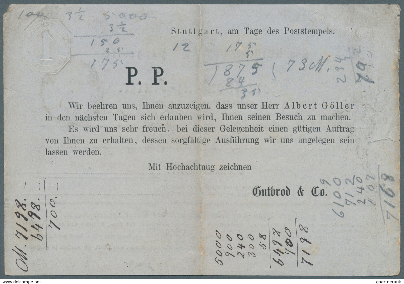 Württemberg - Ganzsachen: 1872 (ca.), Postkarte 1 Kr Grün, Rs. Zudruck "Gutbrod & Co", Gebraucht Von - Autres & Non Classés