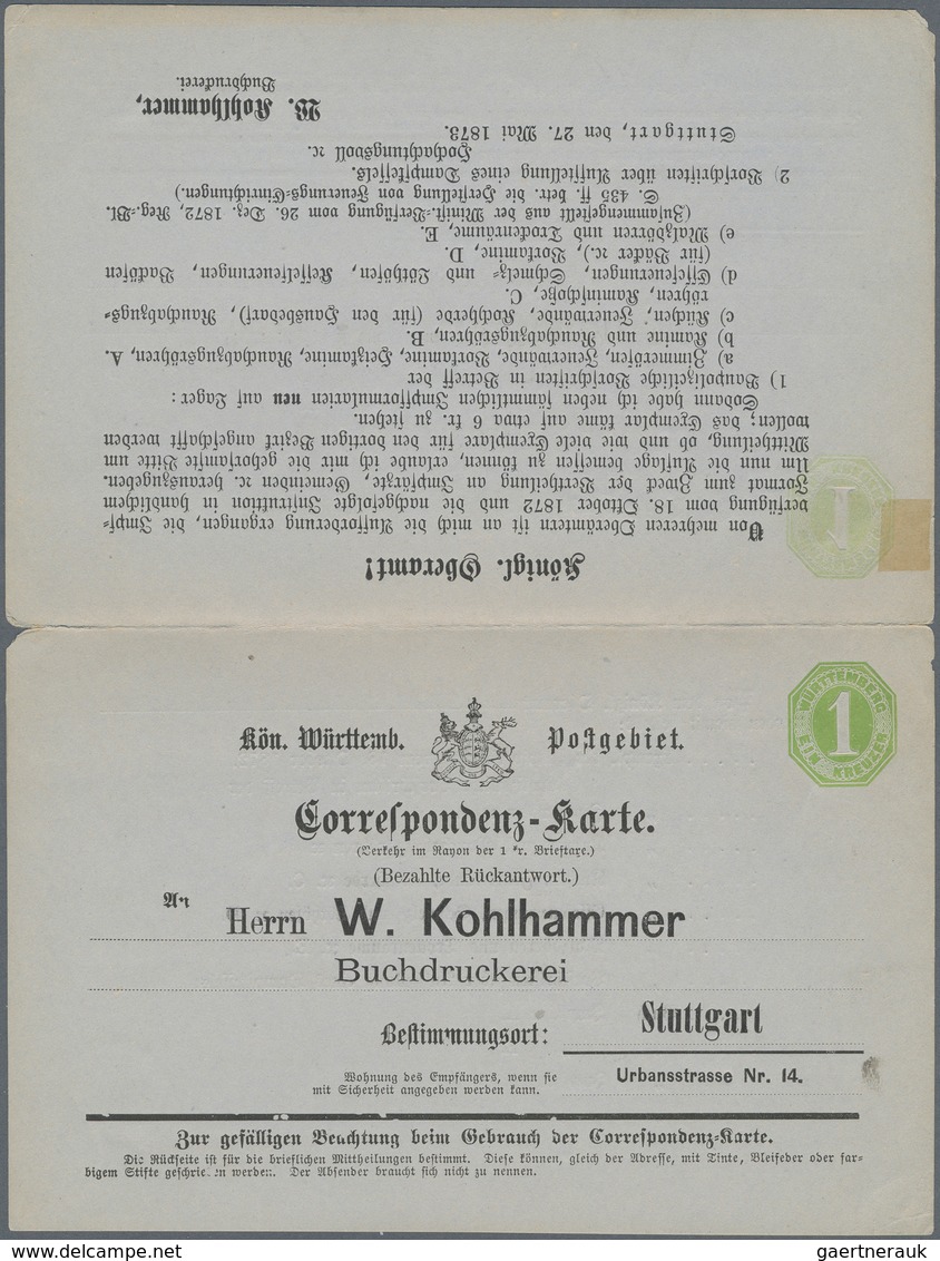 Württemberg - Ganzsachen: 1873, 1 Kreuzer Doppelkarte Mit Privatem Zudruck Der "W. Kohlhammer Buchdr - Sonstige & Ohne Zuordnung