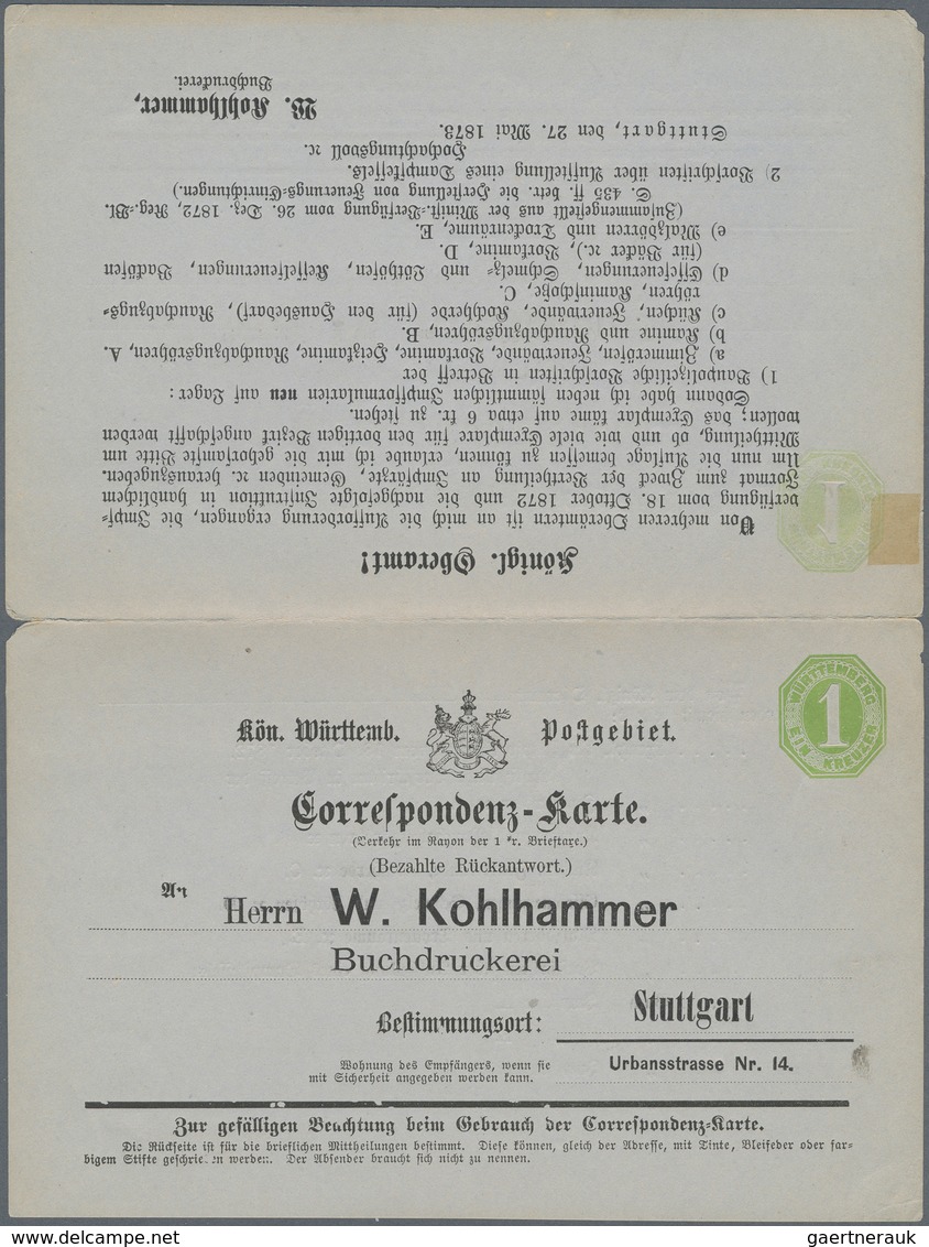 Württemberg - Ganzsachen: 1873, 1 Kreuzer Doppelkarte Mit Privatem Zudruck Der "W. Kohlhammer Buchdr - Andere & Zonder Classificatie