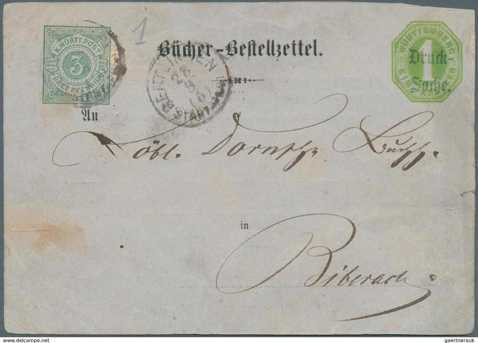 Württemberg - Ganzsachen: 1875, Aufbrauchkarte: 3 Pf Grün Ziffer Auf 1-Kr-Oktogon-Karte "Bücher-Best - Other & Unclassified