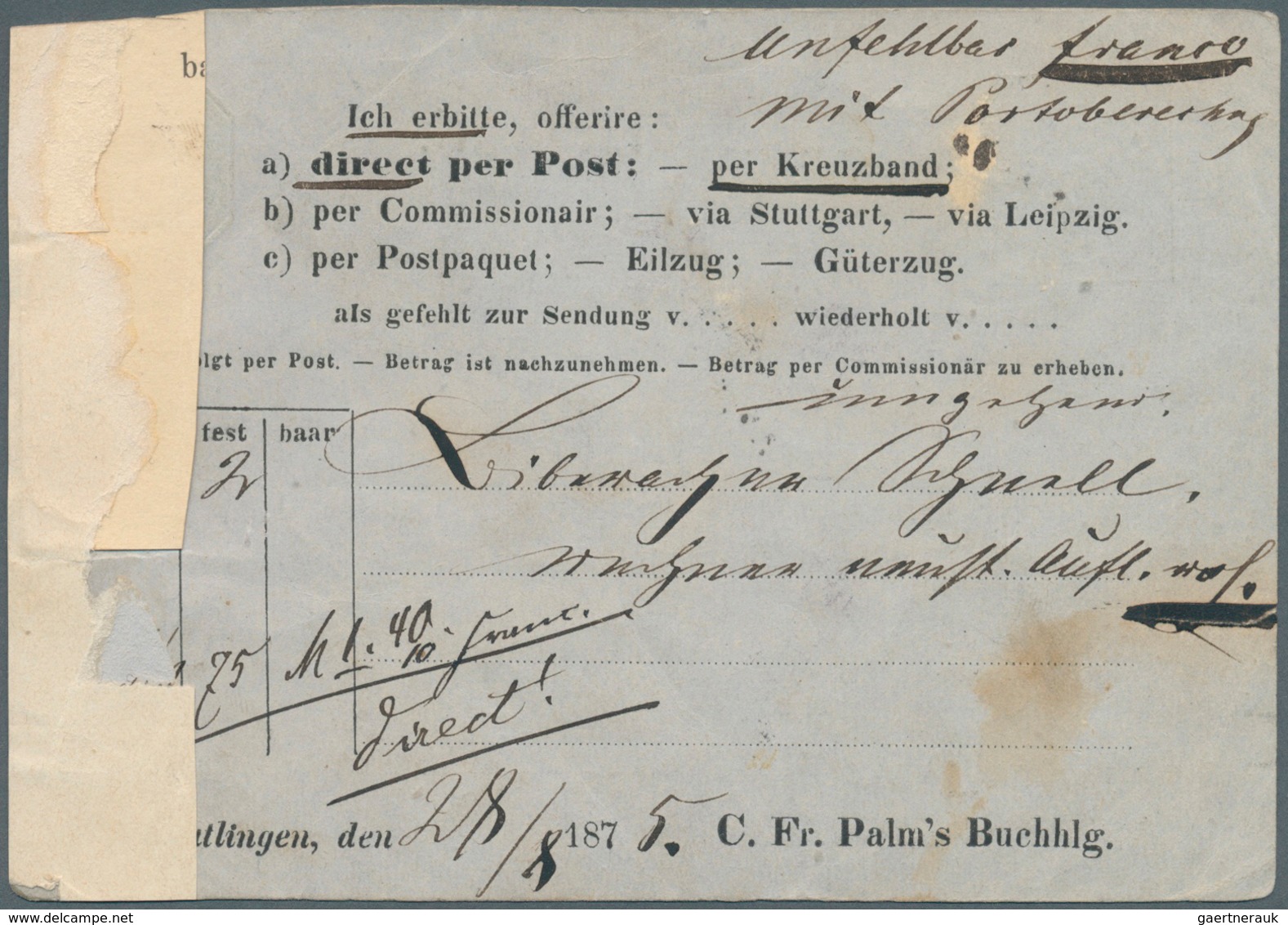 Württemberg - Ganzsachen: 1875, Aufbrauchkarte: 3 Pf Grün Ziffer Auf 1-Kr-Oktogon-Karte "Bücher-Best - Autres & Non Classés