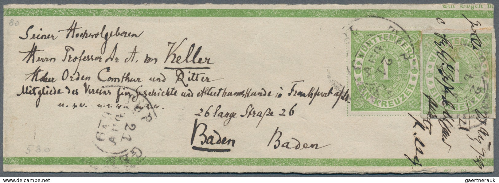 Württemberg - Ganzsachen: 1879, 1 Kreuzer Streifband Mit Bildgleicher Zusatzfrankatur 1 Kreuzer Grün - Andere & Zonder Classificatie