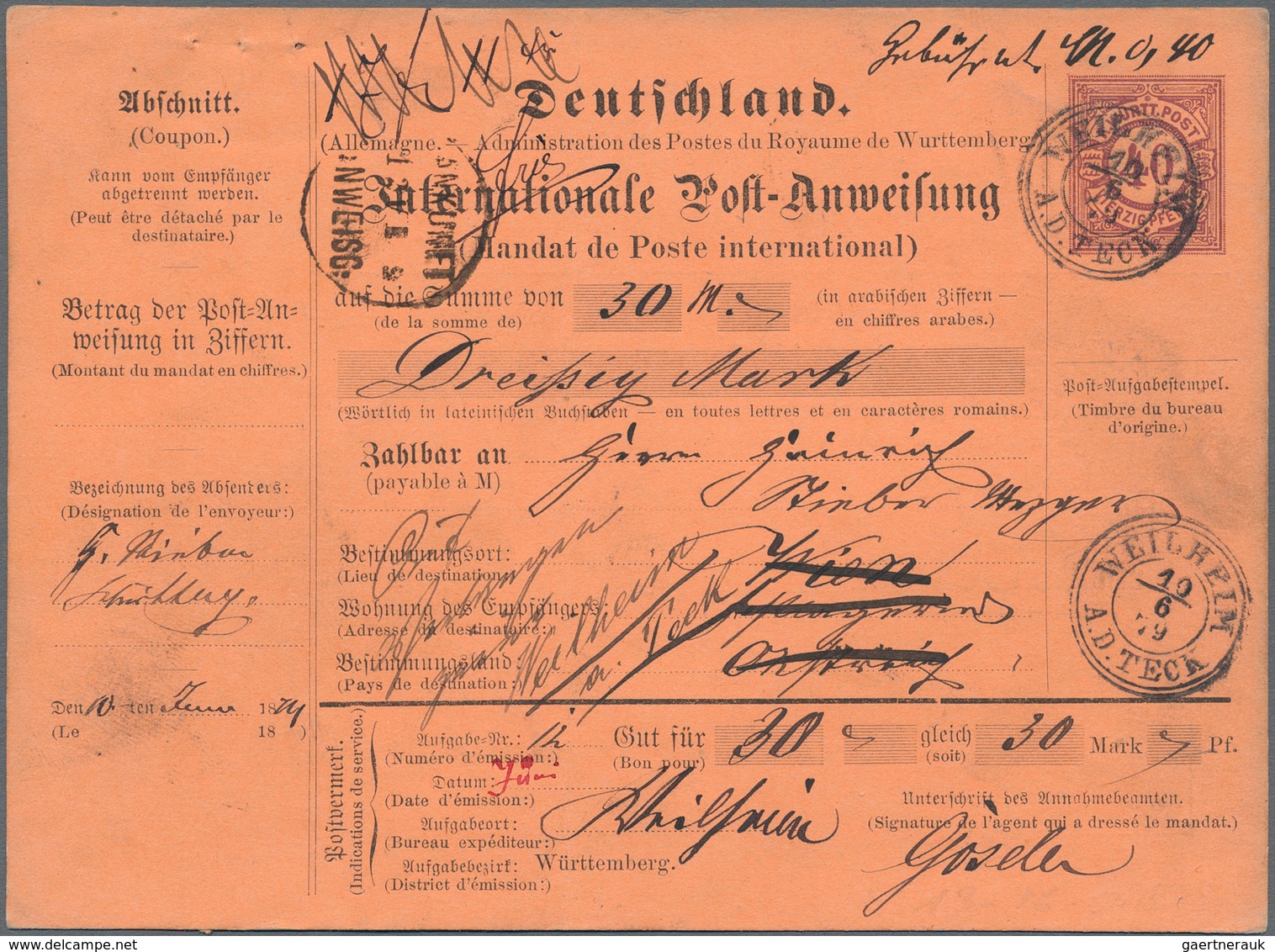 Württemberg - Ganzsachen: 1879, 40 Pf Violett "Internat. Post-Anweisung" Mit DKr "WEILHEIM/Teck" Nac - Autres & Non Classés