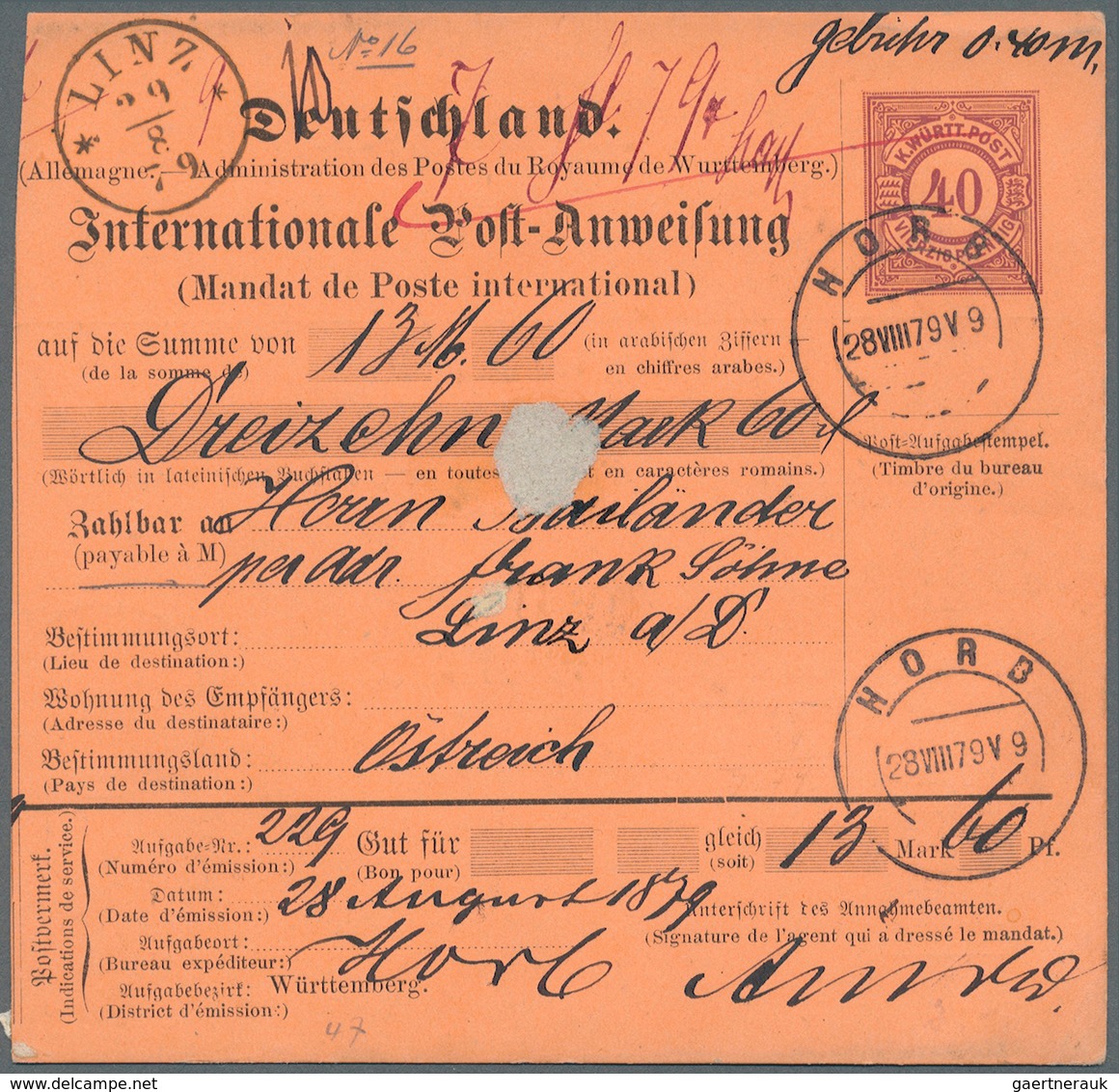 Württemberg - Ganzsachen: 1879, Postanweisung 40 Pf Bräunlichkarmin, Gebraucht Von "Horb 28.8.79" Na - Other & Unclassified