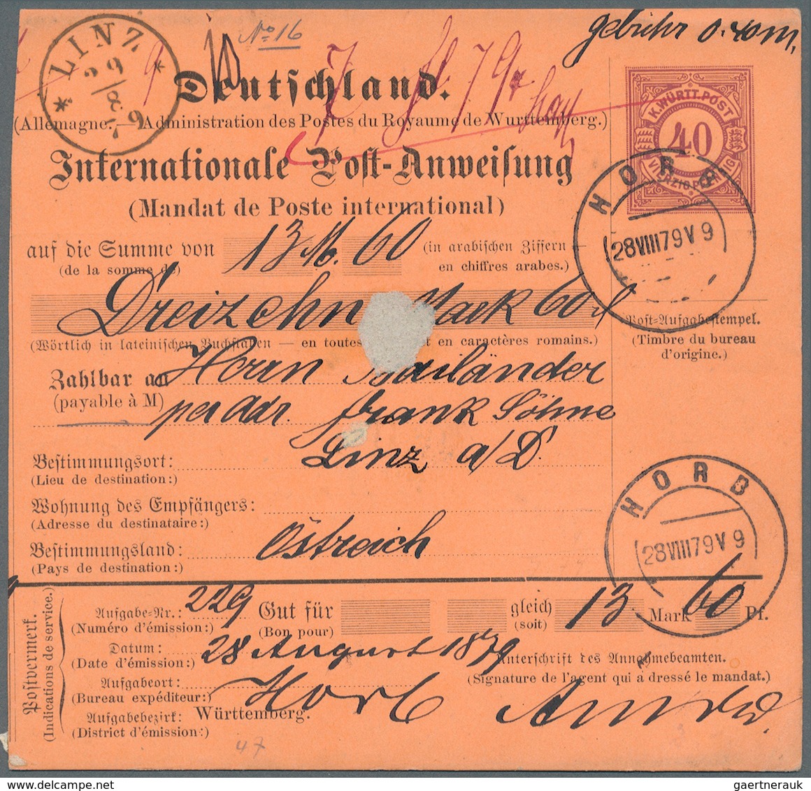 Württemberg - Ganzsachen: 1879, Postanweisung 40 Pf Bräunlichkarmin, Gebraucht Von "Horb 28.8.79" Na - Andere & Zonder Classificatie