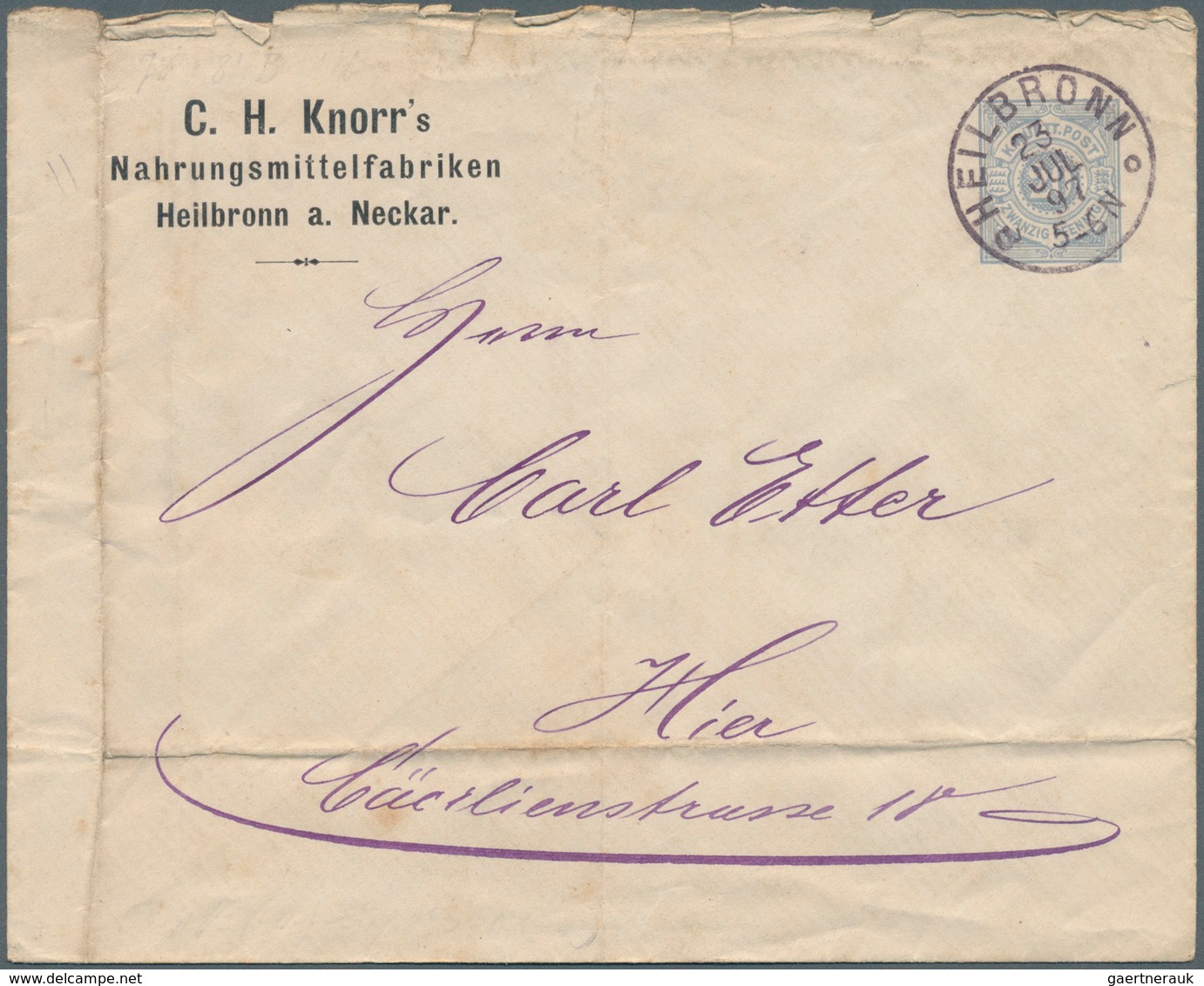 Württemberg - Ganzsachen: 1897, Privatumschlag 20 Pf Blau "Knorr's Nahrungsmittelfabriken, Heilbronn - Sonstige & Ohne Zuordnung