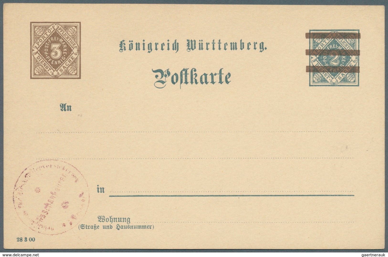 Württemberg - Ganzsachen: 1908, Dienst-Postkarte 3 Pf Braun Auf (2 Pf Grau), DV 28 3 00, Ungebraucht - Autres & Non Classés
