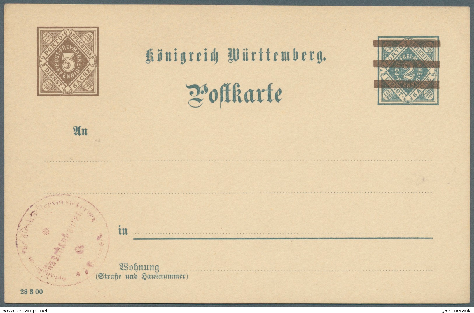 Württemberg - Ganzsachen: 1908, Dienst-Postkarte 3 Pf Braun Auf (2 Pf Grau), DV 28 3 00, Ungebraucht - Andere & Zonder Classificatie