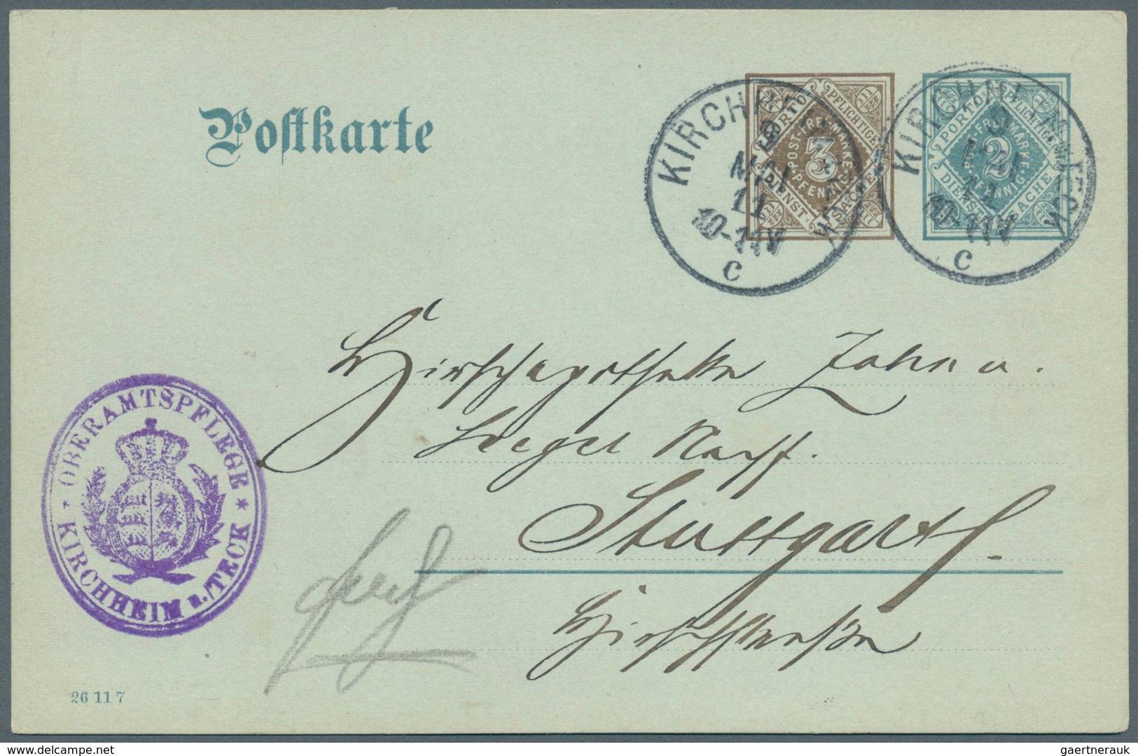 Württemberg - Ganzsachen: 1911, Dienst-Postkarte 3 Pf Braun Neben 2 Pf Grau, Gebraucht Von "Kirchhei - Other & Unclassified