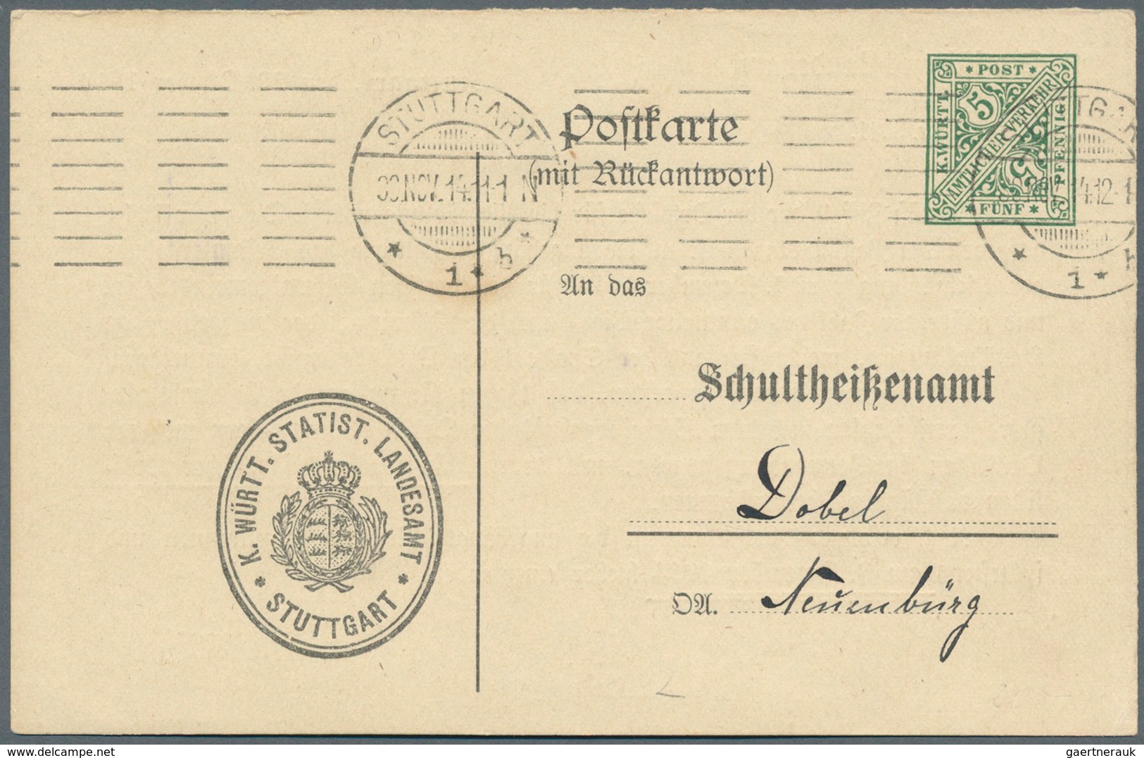 Württemberg - Ganzsachen: 1913, Fragekarte 5 Pf Amtl. Verkehr (Viehzählung 1914), Gebraucht Von "Stu - Andere & Zonder Classificatie