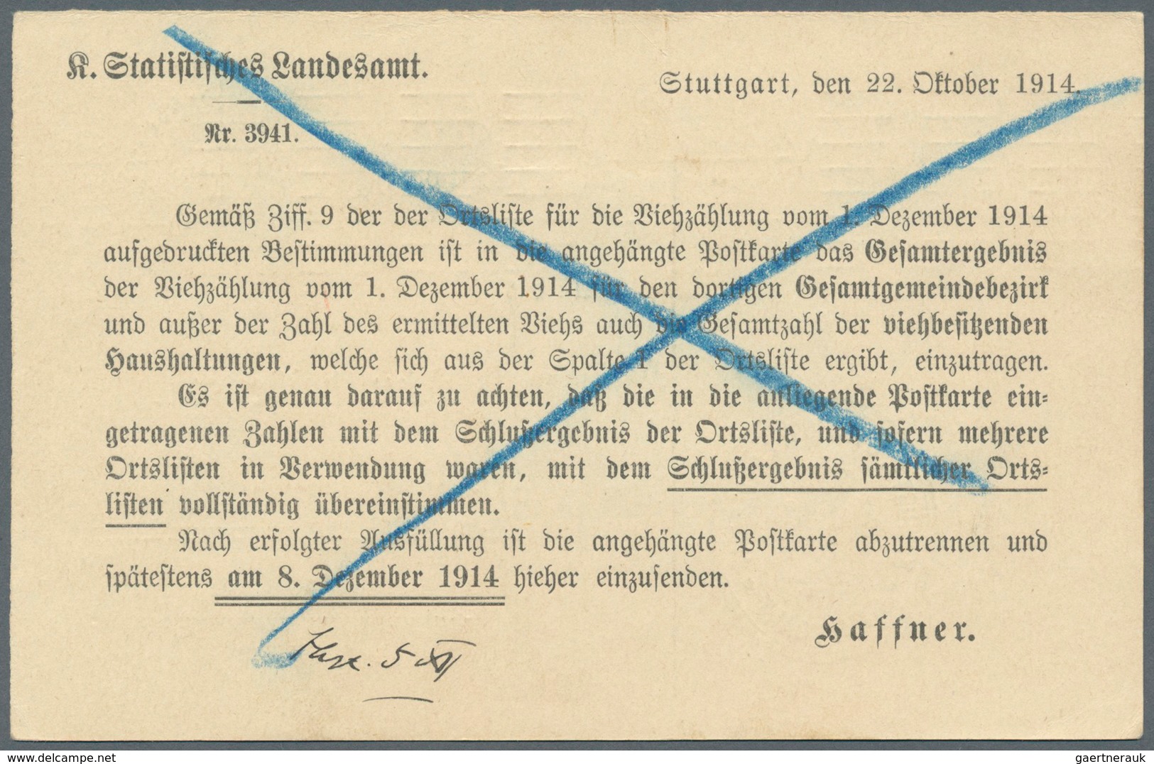 Württemberg - Ganzsachen: 1913, Fragekarte 5 Pf Amtl. Verkehr (Viehzählung 1914), Gebraucht Von "Stu - Other & Unclassified