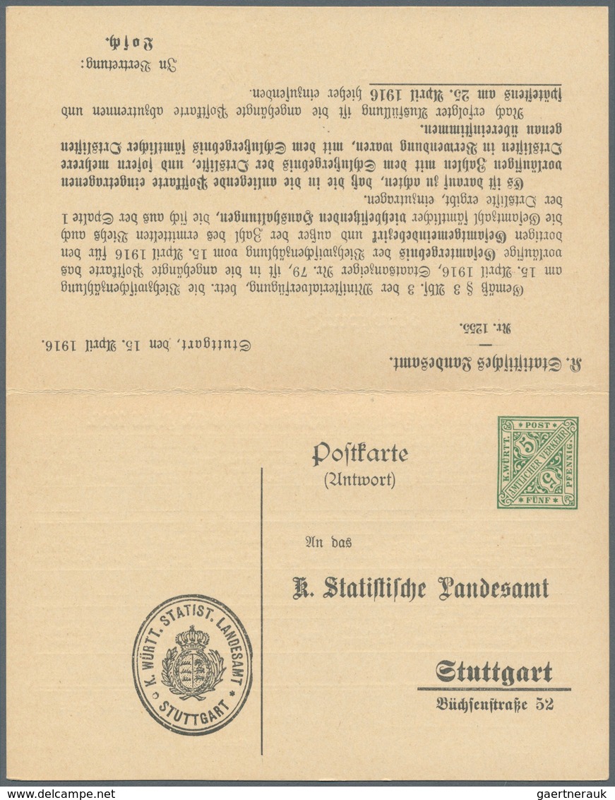 Württemberg - Ganzsachen: 1916, Doppelkarte 3+5 Pf Amtl. Verkehr (Viehzwischenzählung 1916), Ungebra - Other & Unclassified