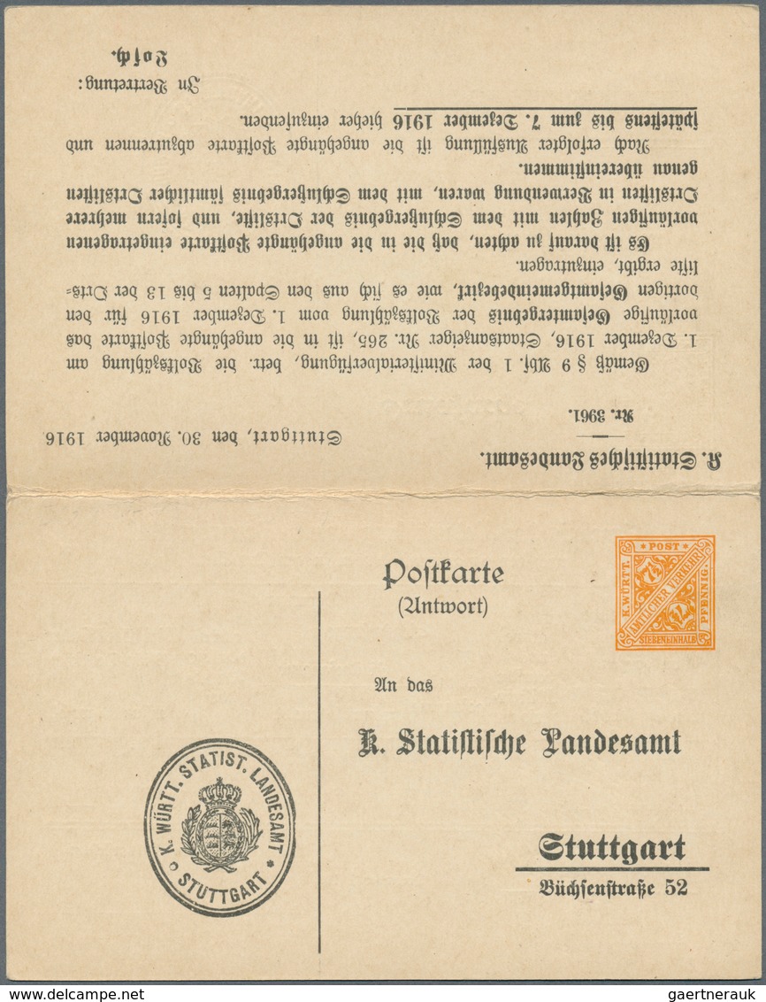 Württemberg - Ganzsachen: 1916. Dienst-Doppelkarte 3 Pf Braun / 7½ Pf Orange "Volkszählung 1916", Un - Sonstige & Ohne Zuordnung