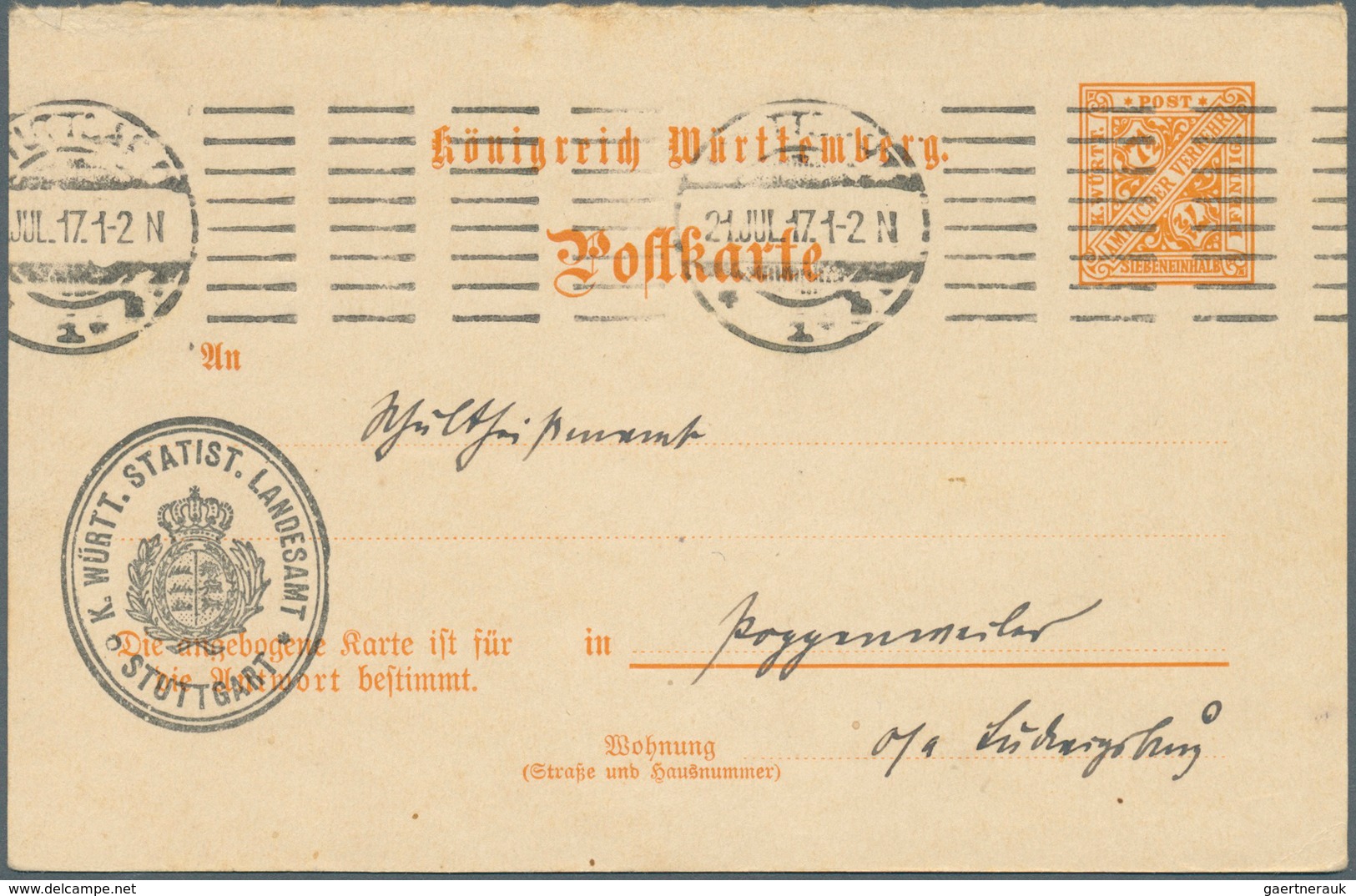 Württemberg - Ganzsachen: 1917, Fragekarte 7 1/2 Pf Amtl. Verkehr, Gebraucht Ab "Stuttgart 21.7.17". - Autres & Non Classés