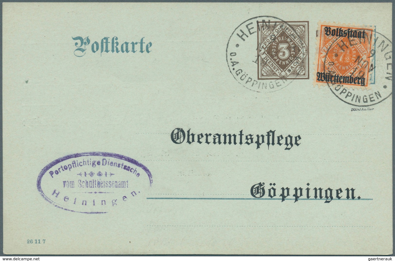Württemberg - Ganzsachen: 1919, Dienst-Postkarte 3 Pf Braun Neben 2 Pf Grau, Zudruck "Schultheißenam - Otros & Sin Clasificación