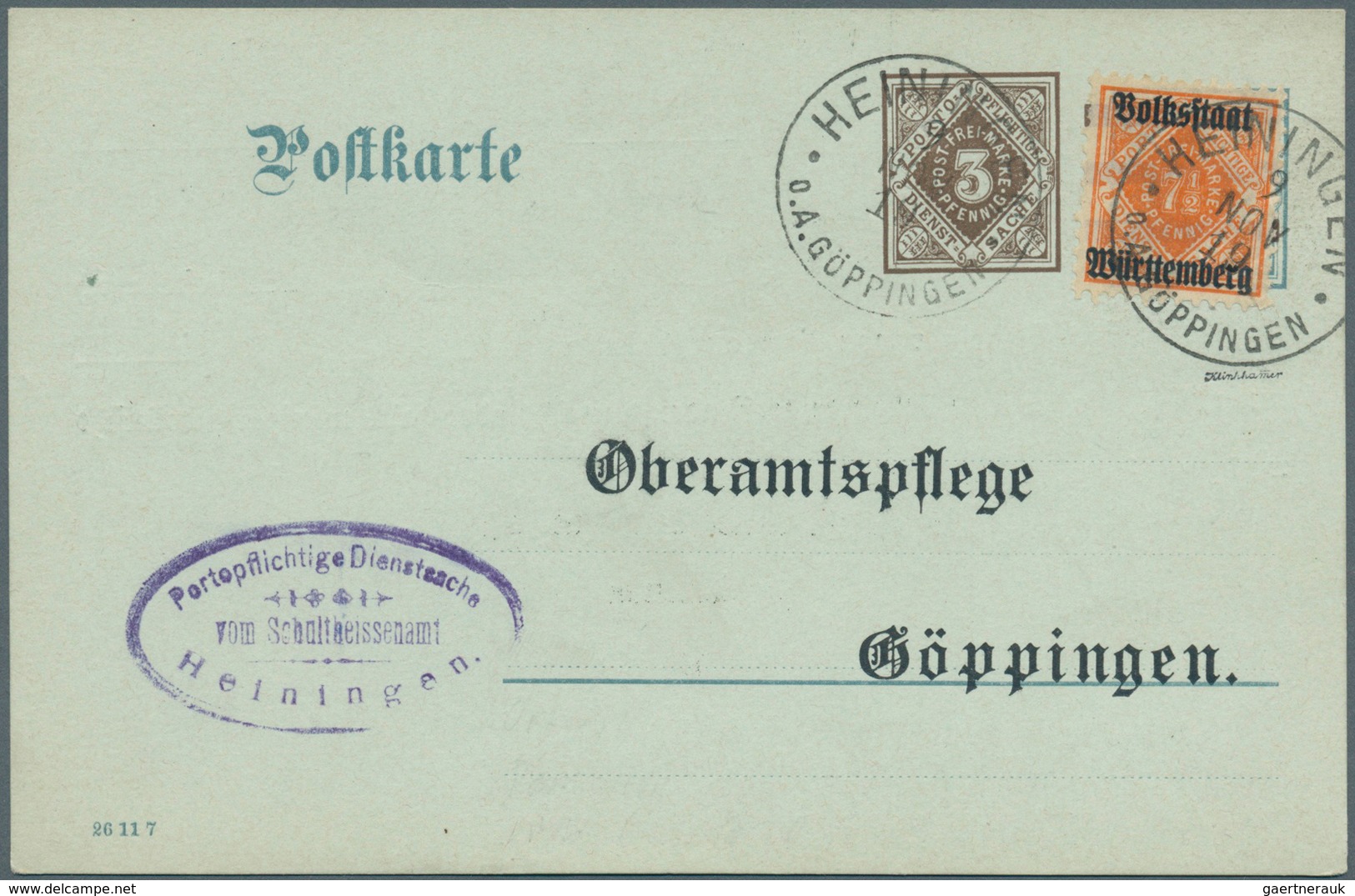 Württemberg - Ganzsachen: 1919, Dienst-Postkarte 3 Pf Braun Neben 2 Pf Grau, Zudruck "Schultheißenam - Sonstige & Ohne Zuordnung