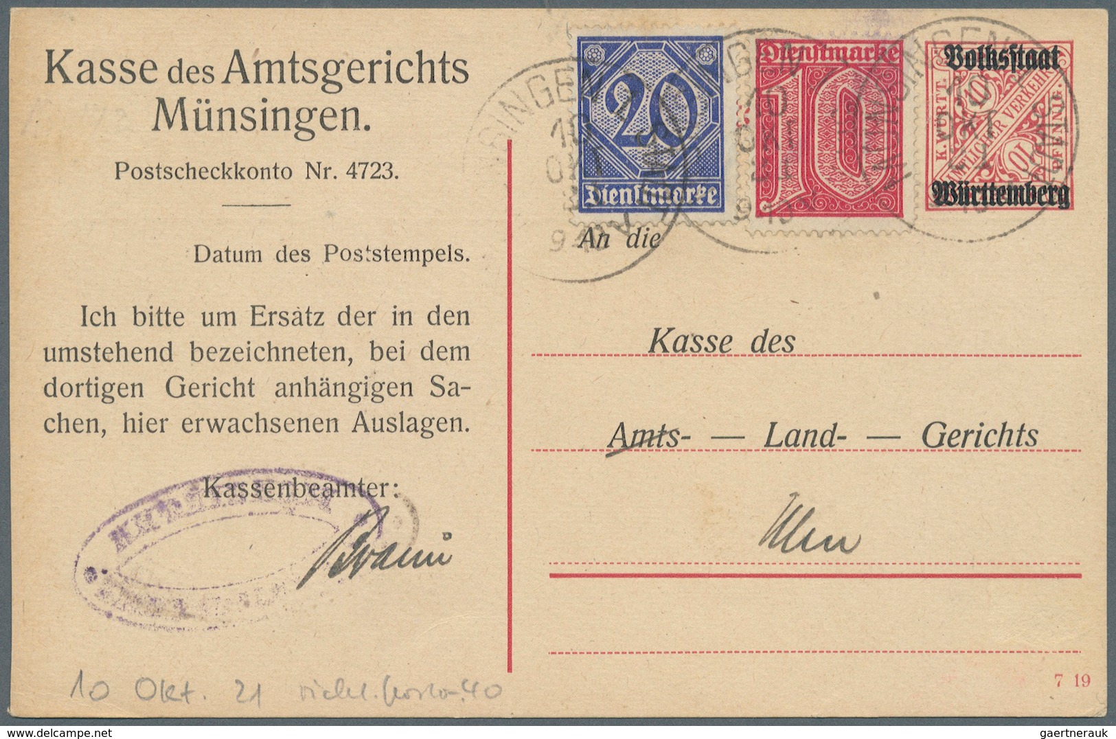 Württemberg - Ganzsachen: 1921, 10 Pf Karminrot Dienst-PK (Aufbrauch) Mit Zusatzfrankatur Dt. Reich- - Sonstige & Ohne Zuordnung