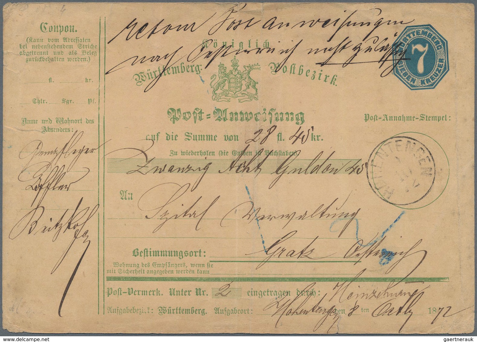 Württemberg - Postanweisungen: 1867, Postanweisungs-Ganzsachenumschlag 7 Kreuzer Blau über Achtundzw - Sonstige & Ohne Zuordnung