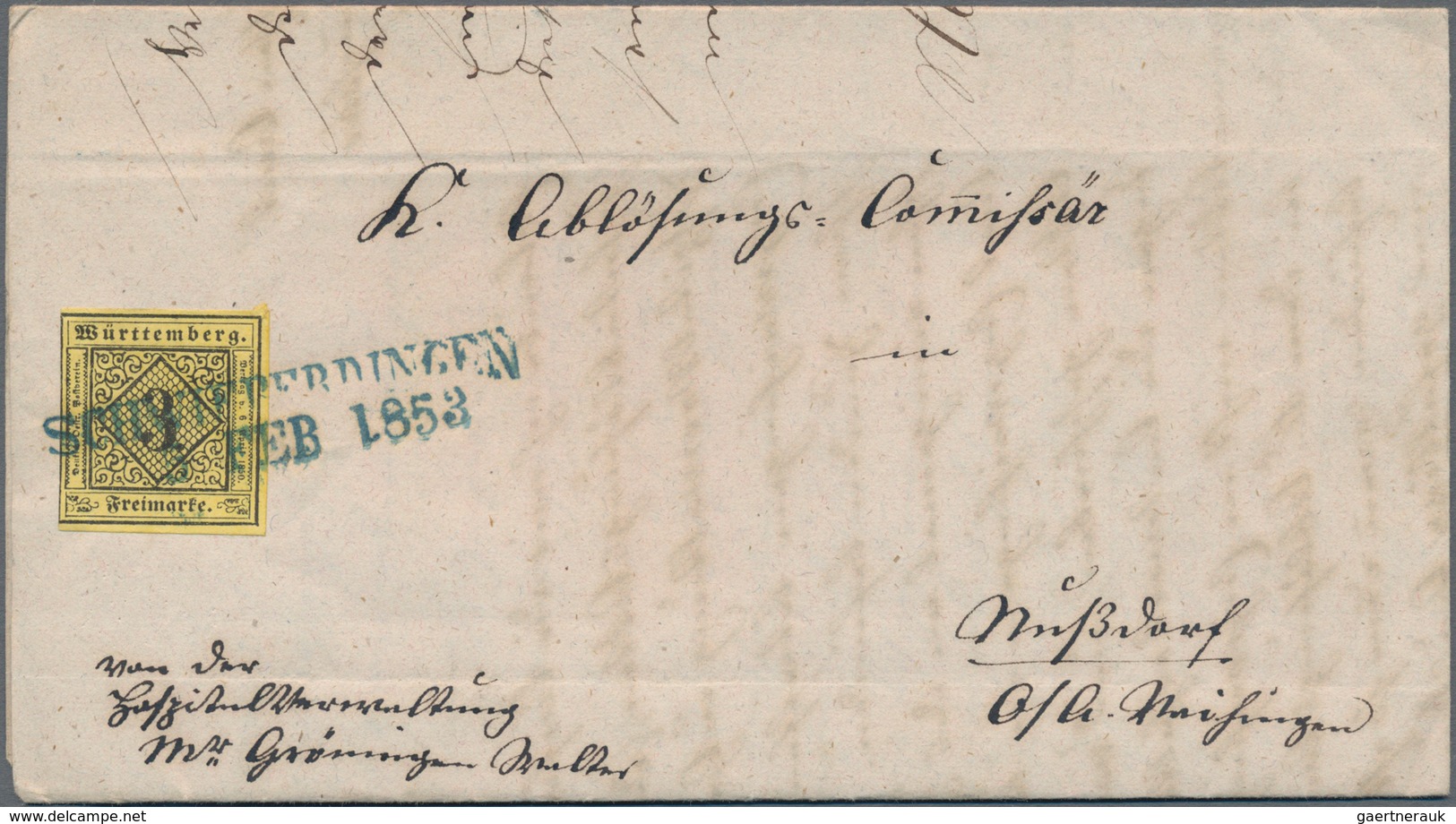 Württemberg - Langstempel, Zweizeilig: SCHWIEBERDINGEN, 5 FEB 1853, Vollständiger Blauer L2 Auf 3 Kr - Sonstige & Ohne Zuordnung