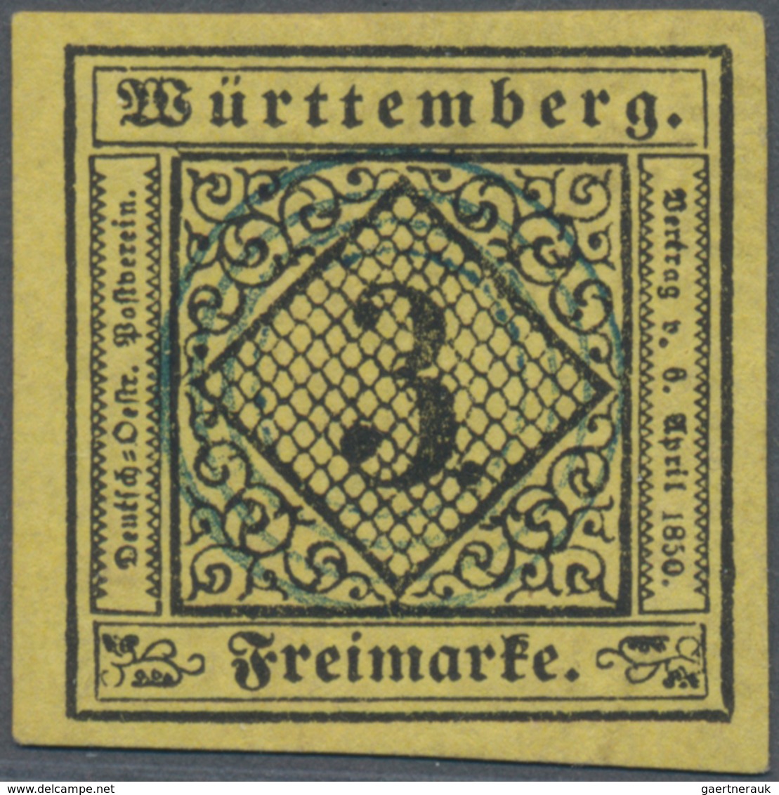 Württemberg - Stumme Stempel: 1851, Tübingen Stummer Kleiner Blauer Vierkreis-Stempel Zentrisch Auf - Other & Unclassified