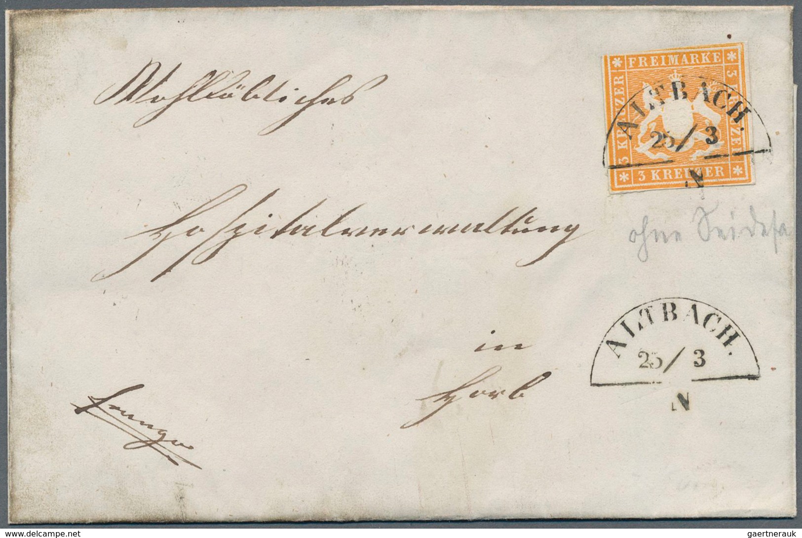 Württemberg - Bahnpost: ALTBACH 25/3 (1861) Seltener Segmentstempel Auf Frischer Falthülle Mit Wappe - Otros & Sin Clasificación