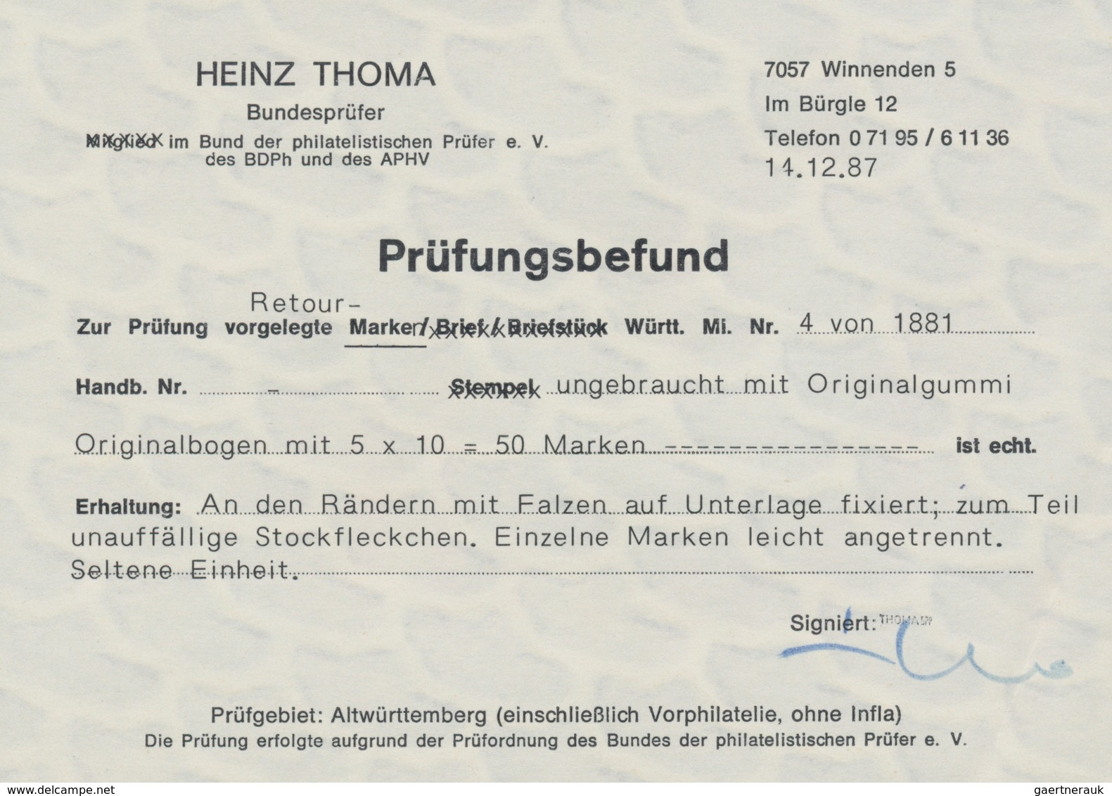 Württemberg - Besonderheiten: 1881, Retourmarken Im Bogen Zu 50 Stück, An Den Rändern Mit Falzen Fix - Andere & Zonder Classificatie