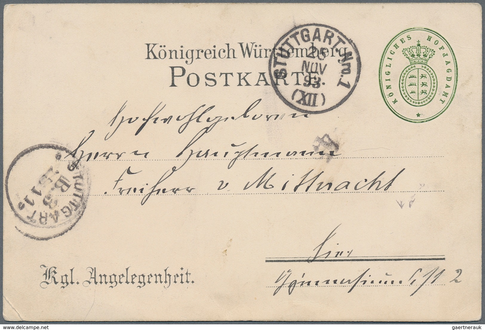 Württemberg - Besonderheiten: 1893 Dienstpostkarte Des Königlichen Hofjagdamtes Mit "Einladung Zur T - Andere & Zonder Classificatie