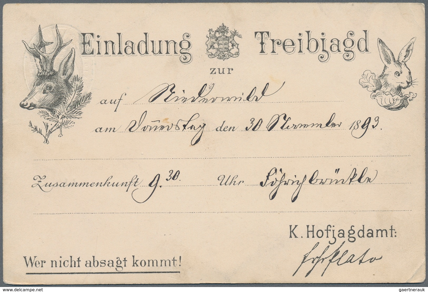 Württemberg - Besonderheiten: 1893 Dienstpostkarte Des Königlichen Hofjagdamtes Mit "Einladung Zur T - Other & Unclassified