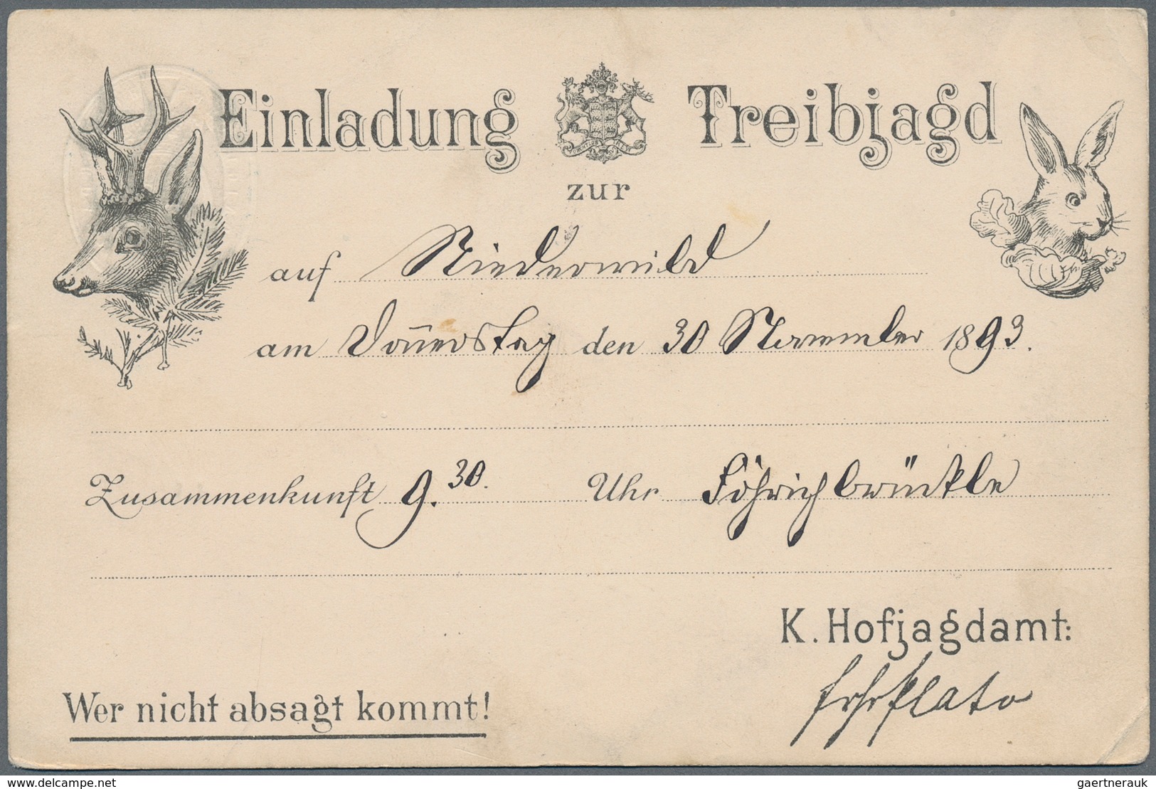 Württemberg - Besonderheiten: 1893 Dienstpostkarte Des Königlichen Hofjagdamtes Mit "Einladung Zur T - Andere & Zonder Classificatie