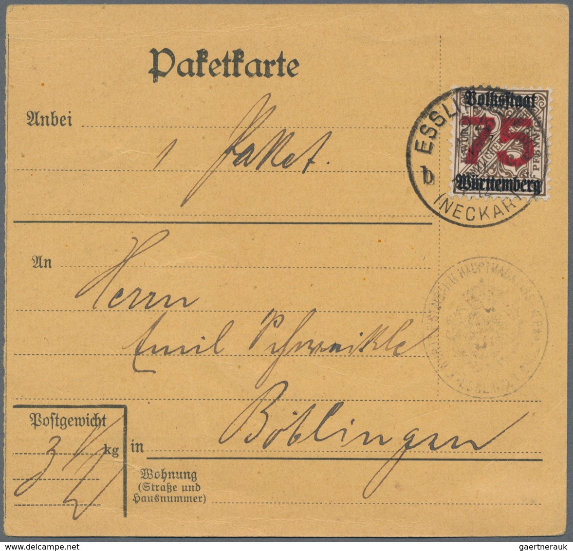 Württemberg - Besonderheiten: 1919, 75 Auf 3 Pf Schwärzlichbraun Mit Aufdruck "Volksstaat Württember - Other & Unclassified