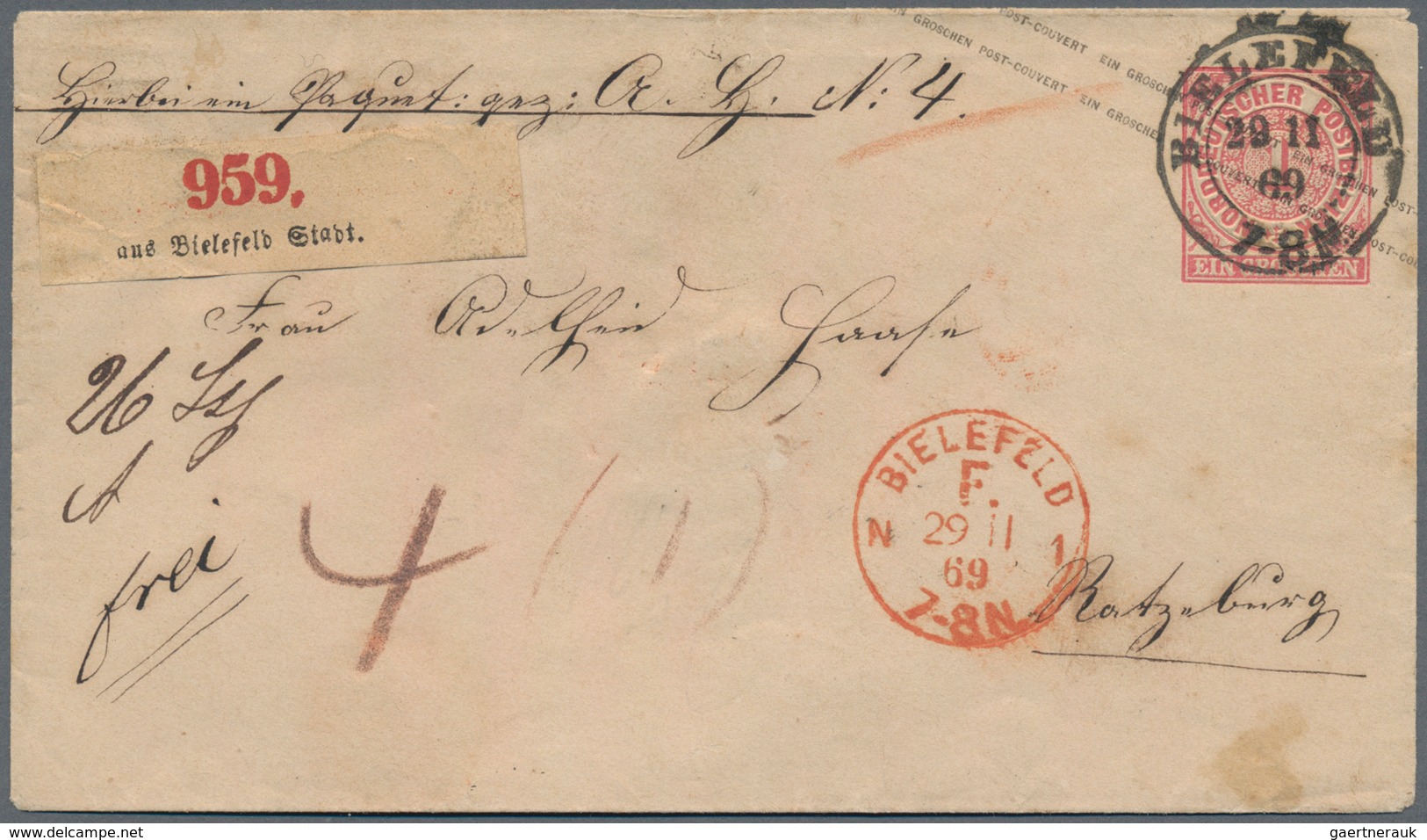 Norddeutscher Bund - Marken Und Briefe: 1869, 1 Gr Ganzsachenumschlag Von BIELEFELD, 29 11 69, Sowie - Other & Unclassified