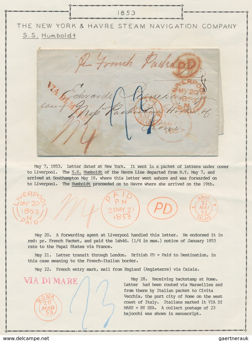Transatlantikmail: 1853 Stampless Cover From New York To Rome 'Per French Packet' Via Liverpool And - Europe (Other)