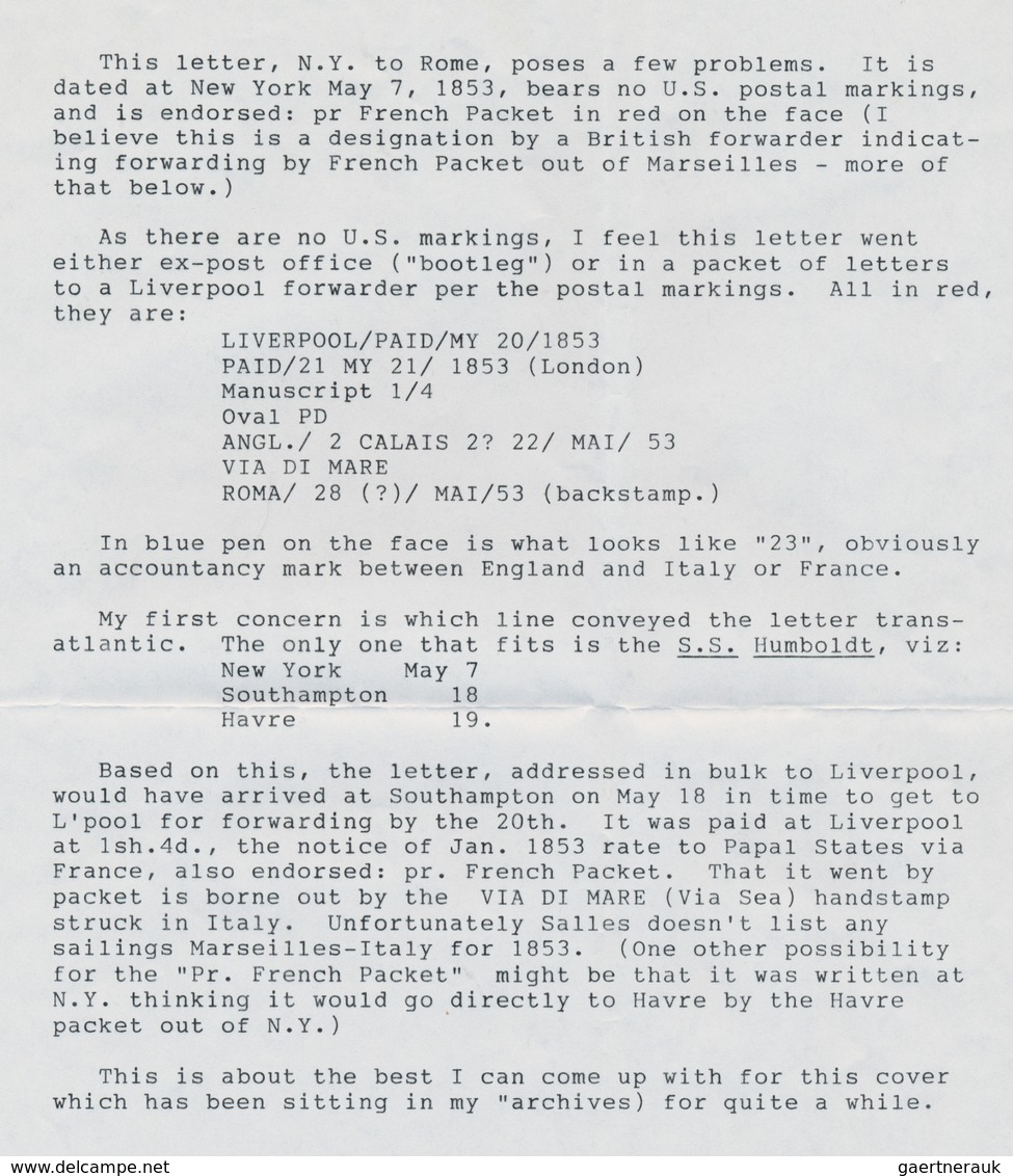 Transatlantikmail: 1853 Stampless Cover From New York To Rome 'Per French Packet' Via Liverpool And - Sonstige - Europa