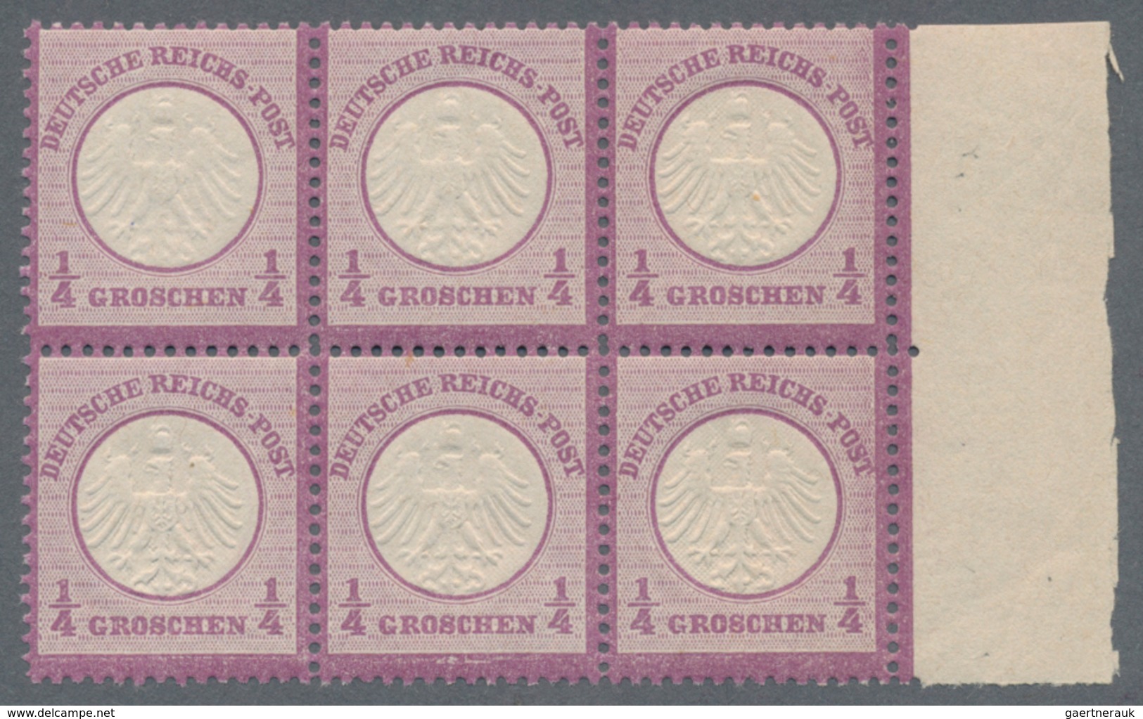 Deutsches Reich - Brustschild: 1872, 1/4 Gr. Grauviolett, Kleiner Schild Im Waagerechten 6er-Block M - Unused Stamps