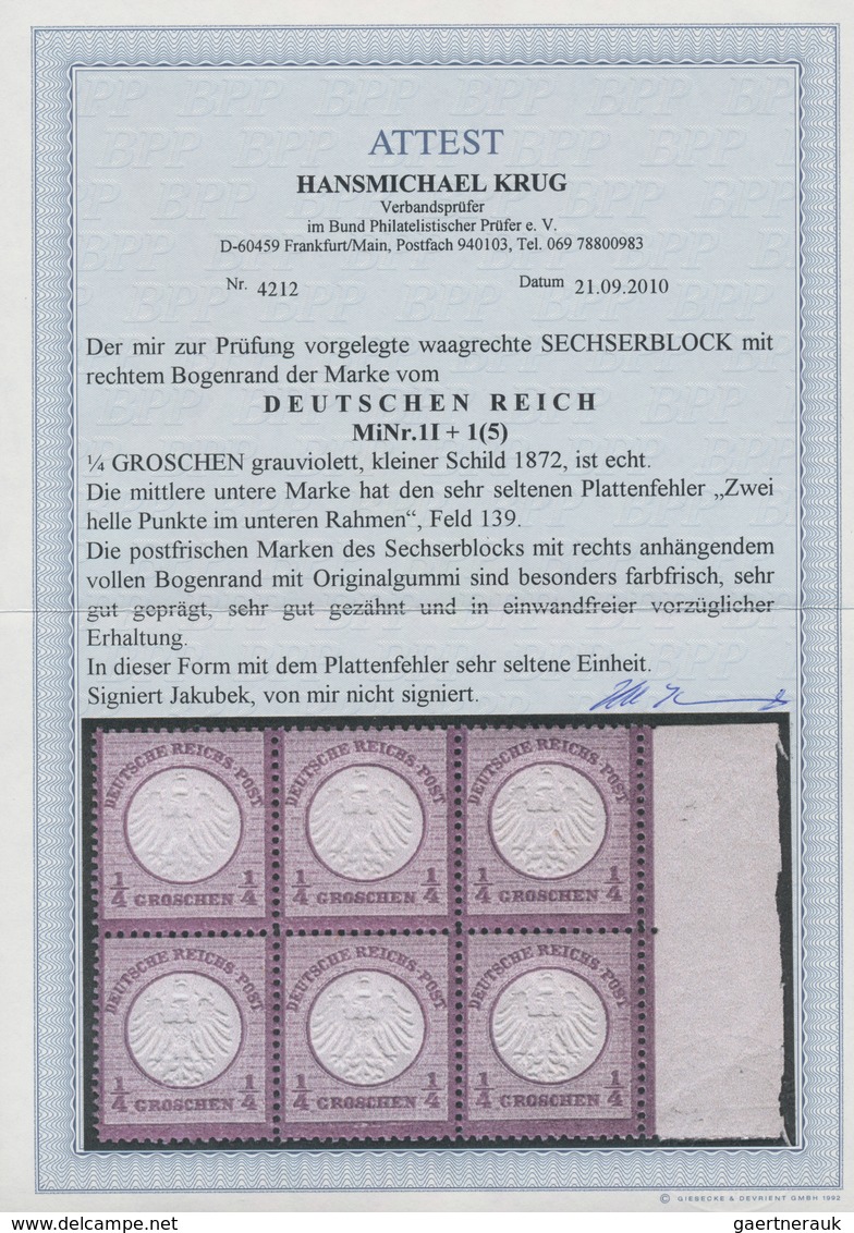 Deutsches Reich - Brustschild: 1872, 1/4 Gr. Grauviolett, Kleiner Schild Im Waagerechten 6er-Block M - Neufs