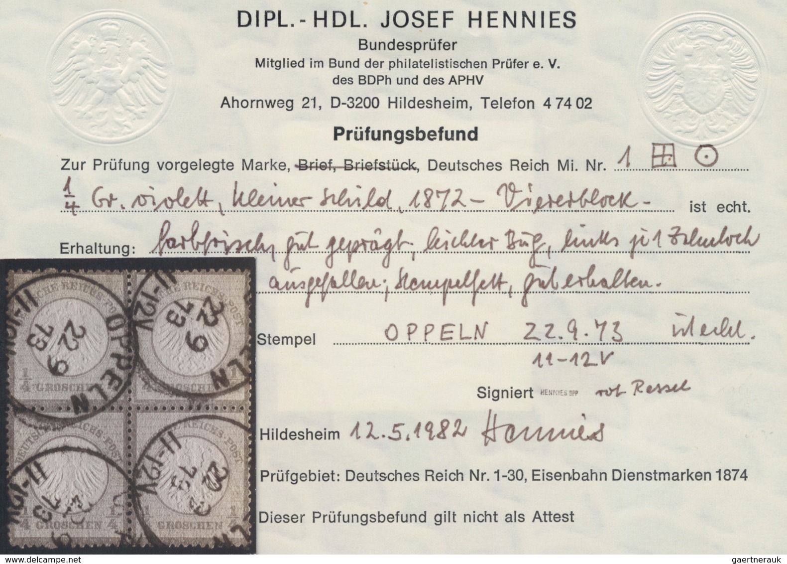 Deutsches Reich - Brustschild: 1872, Kleiner Schild ¼ Gr. Violett Im Viererblock Mit K1 "OPPELN 22 9 - Ongebruikt
