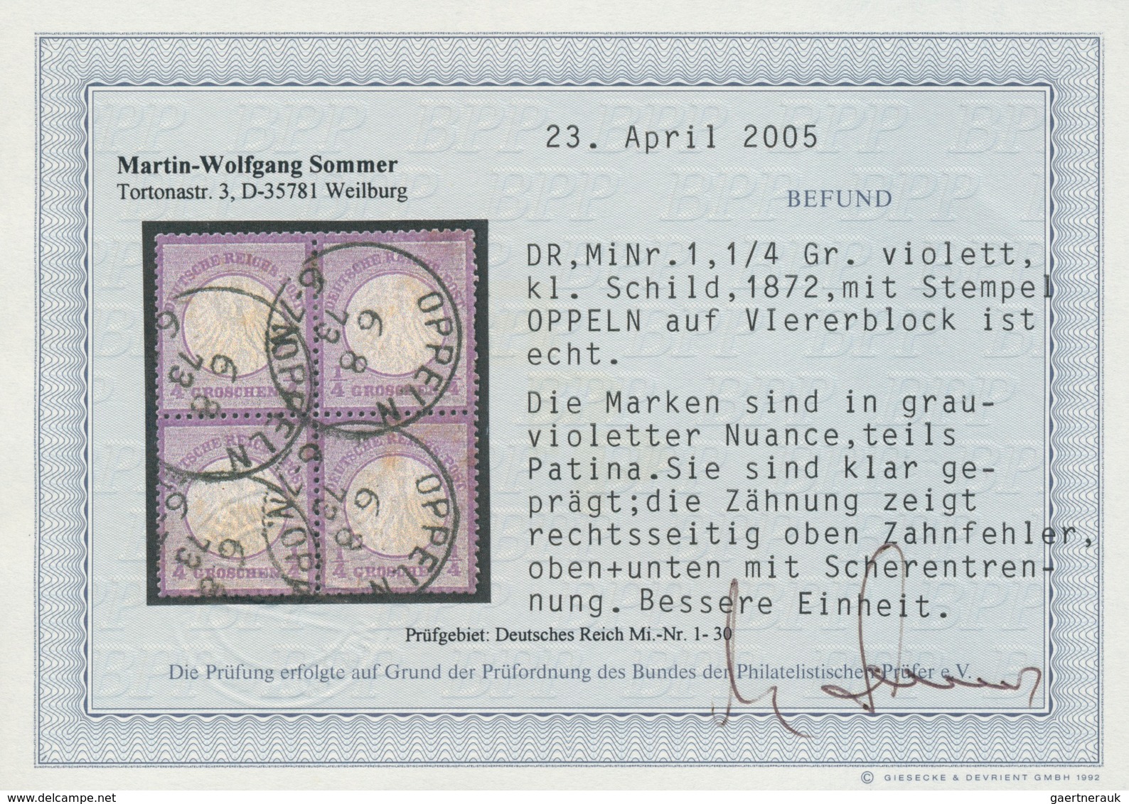 Deutsches Reich - Brustschild: 1872, 1/4 Groschen Grauviolett Im 4er-Block 4x Klar Entwertet Mit K1 - Ongebruikt