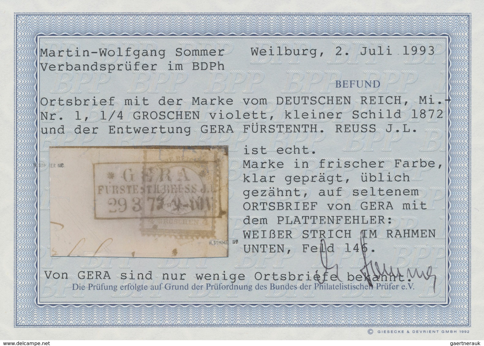 Deutsches Reich - Brustschild: 1872, KLeiner Schild ¼ Gr, Violett Als Einzelfrankatur Auf Ortsbrief - Ungebraucht