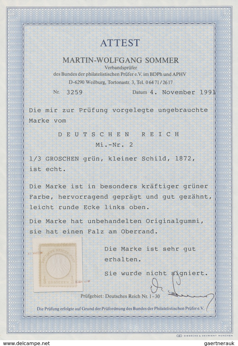 Deutsches Reich - Brustschild: 1872 Kleiner Schild 1/3 Gr. Gelblichgrün Ungebraucht Mit Originalgumm - Neufs