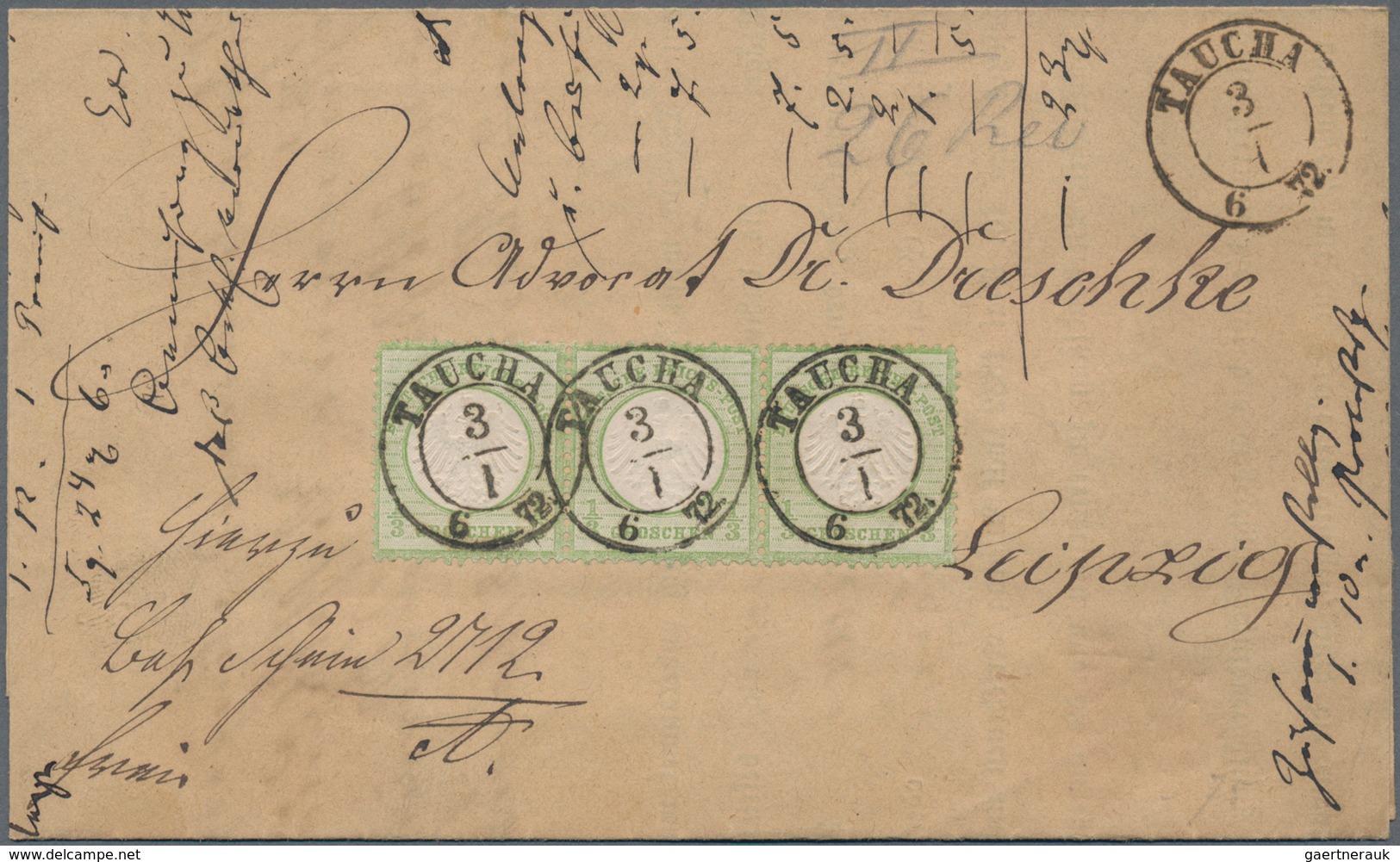 Deutsches Reich - Brustschild: 1872, Kleiner Schild 1/3 Gr. Hellgrün Im Dreierstreifen Mit K2 "TAUCH - Unused Stamps