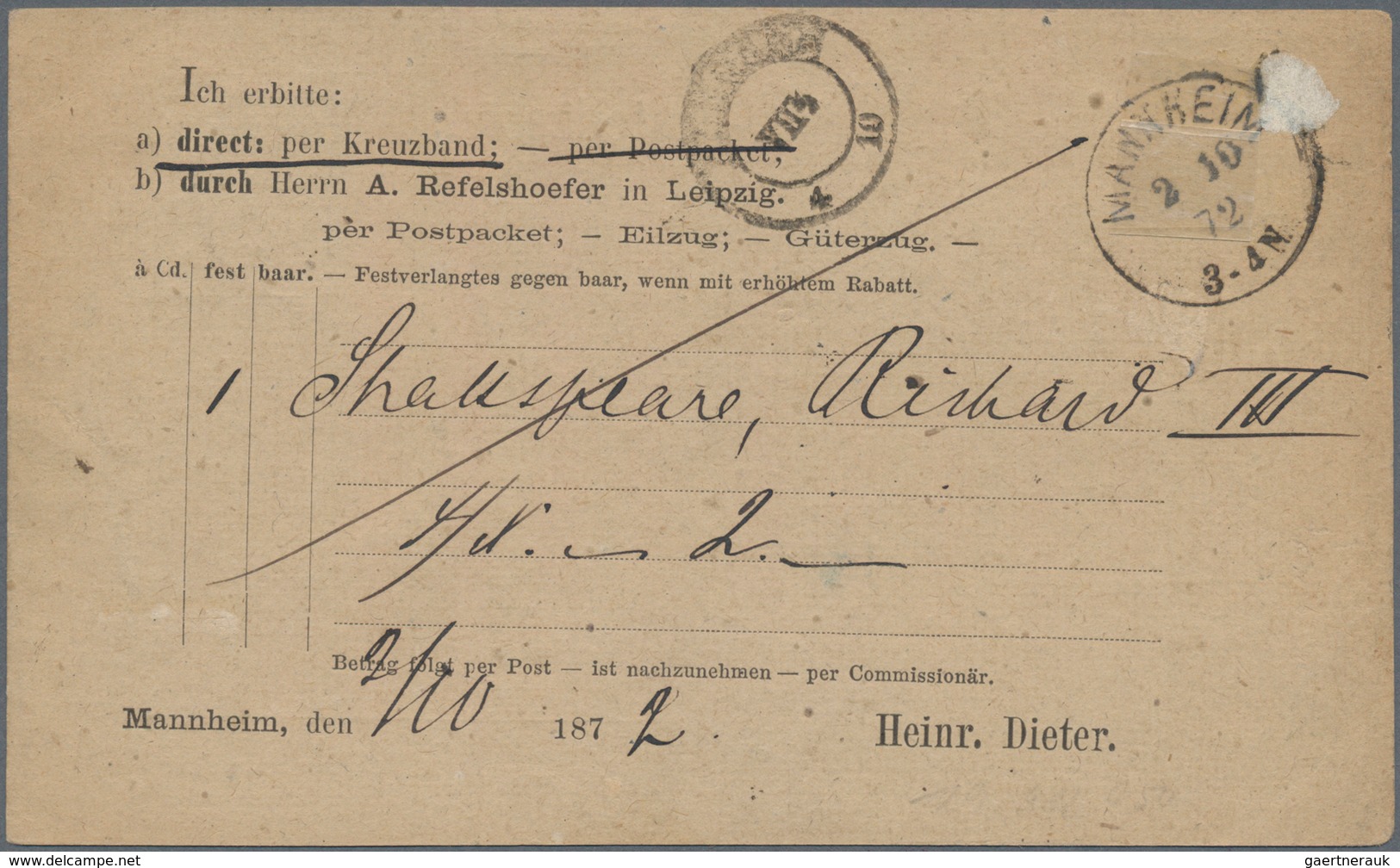 Deutsches Reich - Brustschild: 1872, Kleiner Schild 1/3 Gr. Hellgrün Als Einzelfrankatur Auf Vordruc - Ongebruikt