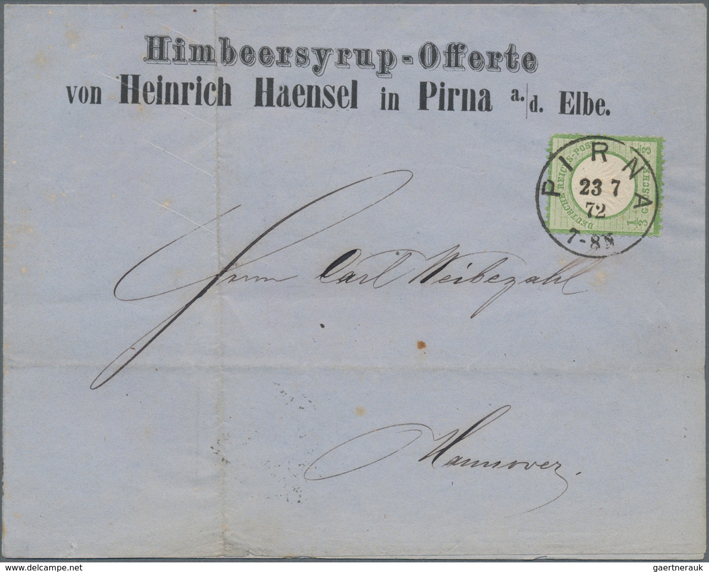 Deutsches Reich - Brustschild: 1872, Kl. Schild 1/3 Gr. Grün Auf Vordruck-Faltbrief "Himbeeryrup-Off - Ungebraucht