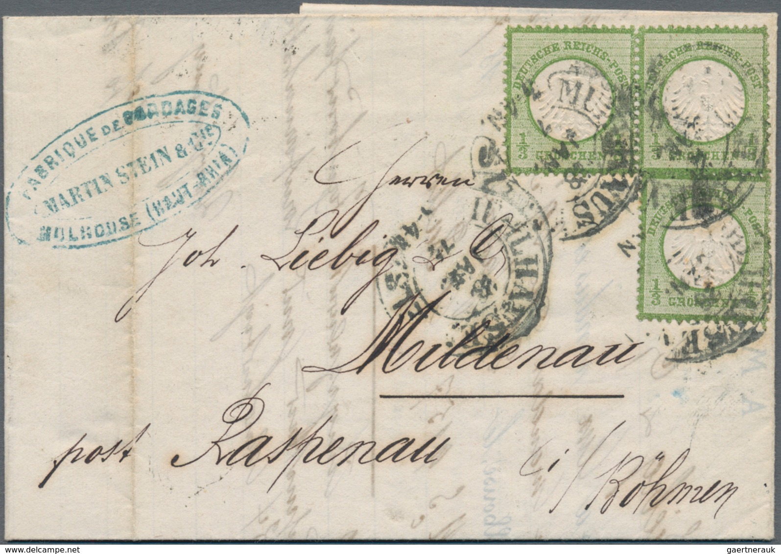 Deutsches Reich - Brustschild: 1872, Kl. Schild 1/3 Gr. Dunkelgrün Dreimal Auf Brief Mit Hufeisenst. - Unused Stamps