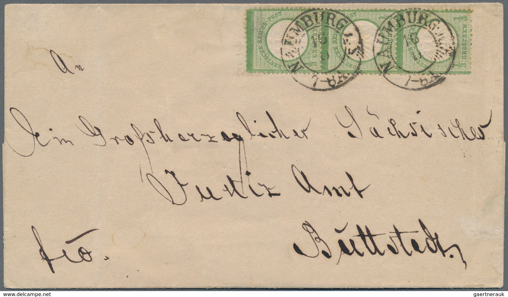 Deutsches Reich - Brustschild: 1872, Kleiner Schild 1/3 Gr. Dunkelgrün Im Dreierstreifen Auf Brief M - Unused Stamps