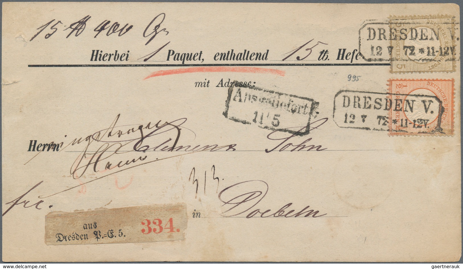 Deutsches Reich - Brustschild: 1872 Kleiner Schild ½ Gr Orange Und 5 Gr. Ocker Auf Vordruck-Paketbeg - Ongebruikt