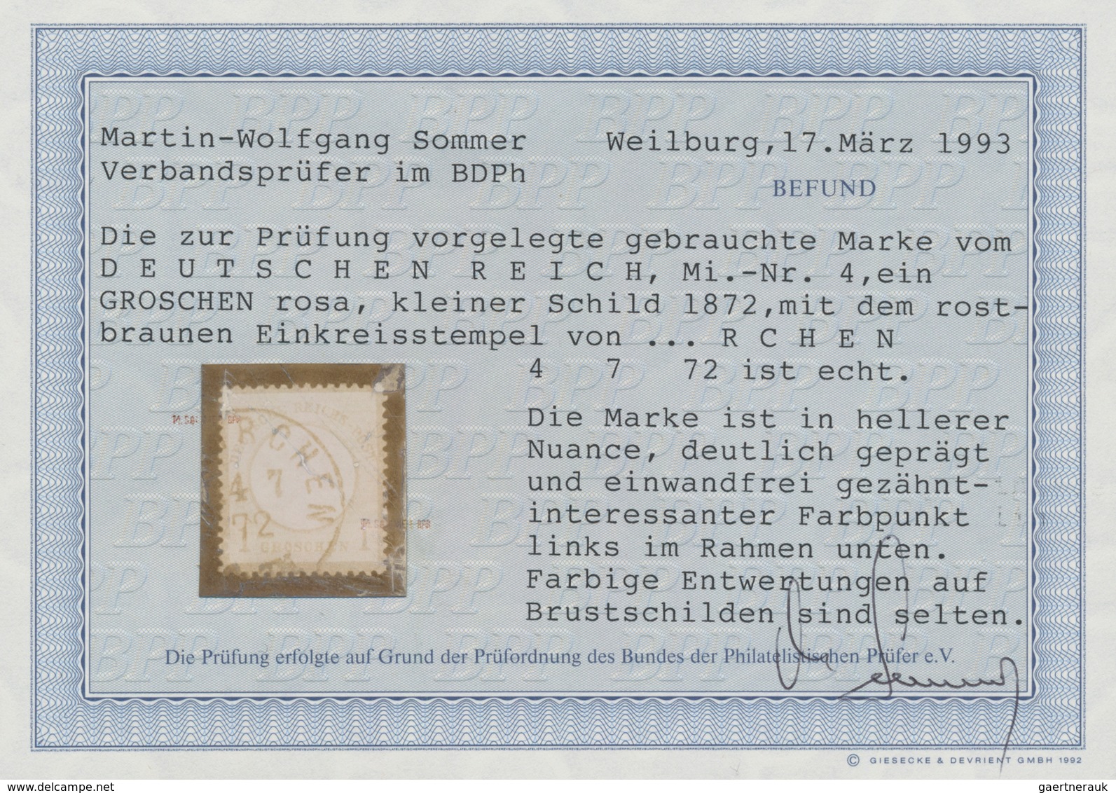 Deutsches Reich - Brustschild: 1872, Kleiner Schild 1 Gr Karmin Mit Seltenem Rostbraunem K1 "...RCHE - Ongebruikt