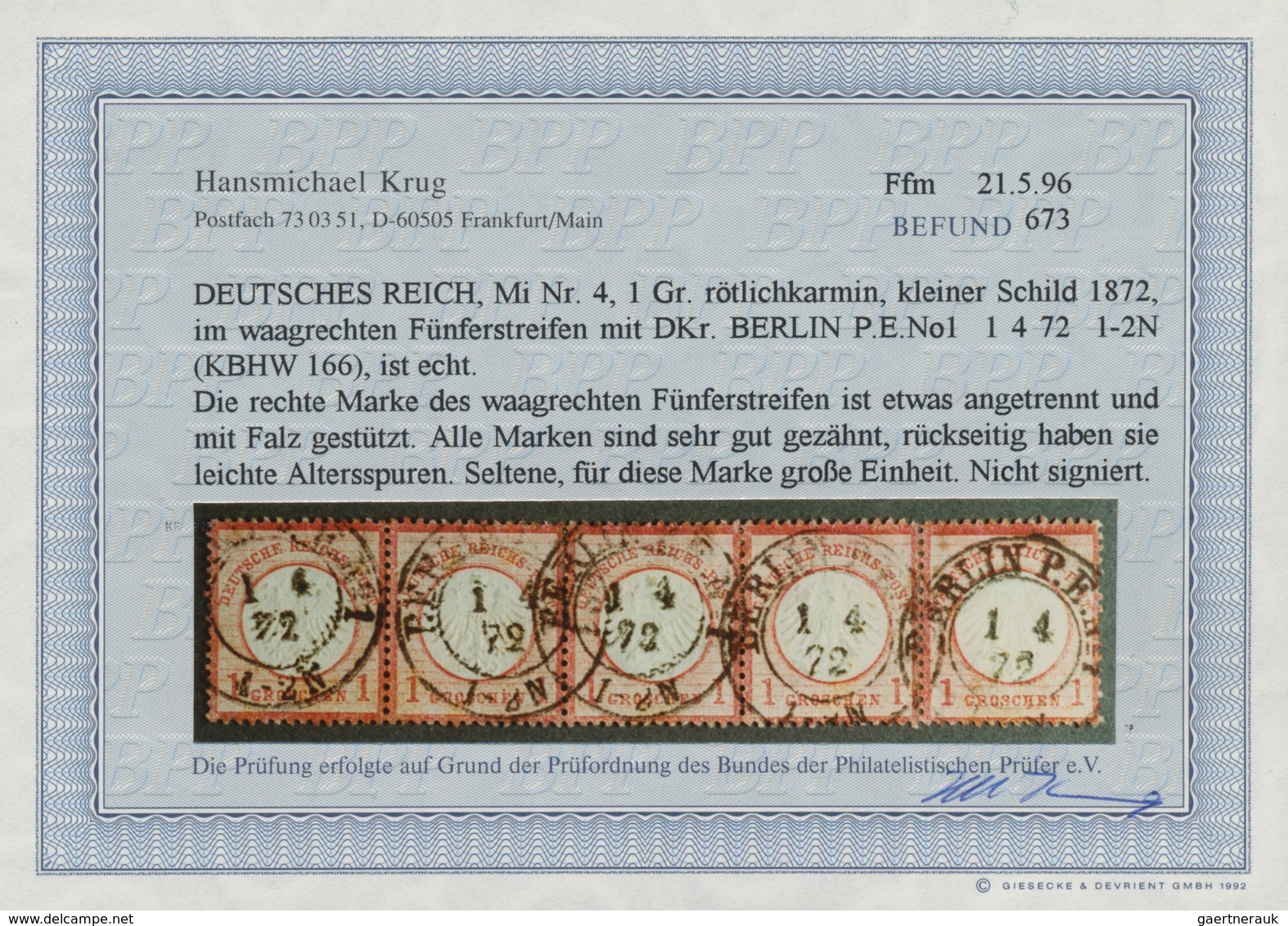 Deutsches Reich - Brustschild: 1872, Kleiner Schild 1 Gr. Karmin Im 5er Streifen Mit K2 "BERLIN P.E. - Ongebruikt