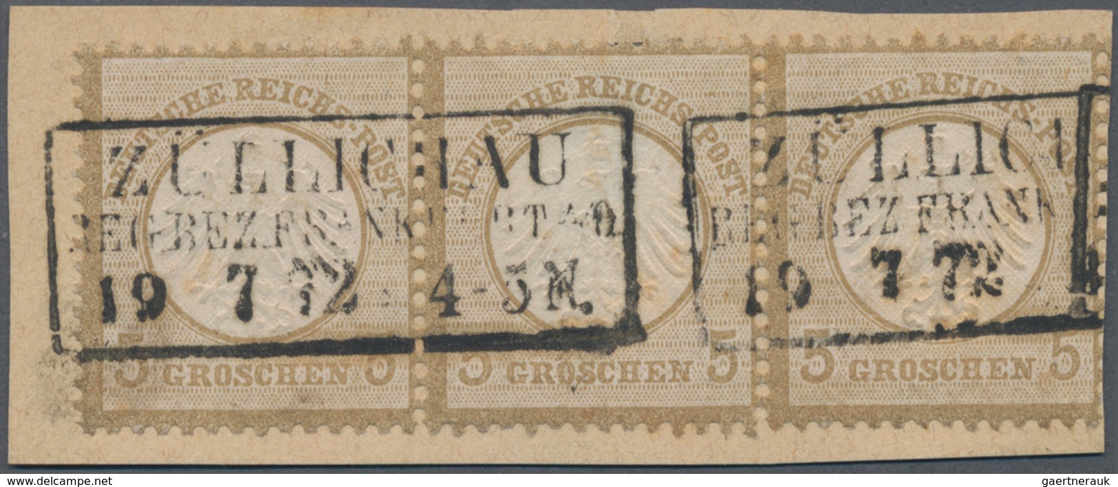 Deutsches Reich - Brustschild: 1872, Kleiner Schild 5 Gr. Ockerbraun Im 3er Streifen Mit Ra2 "ZÜLLIC - Unused Stamps