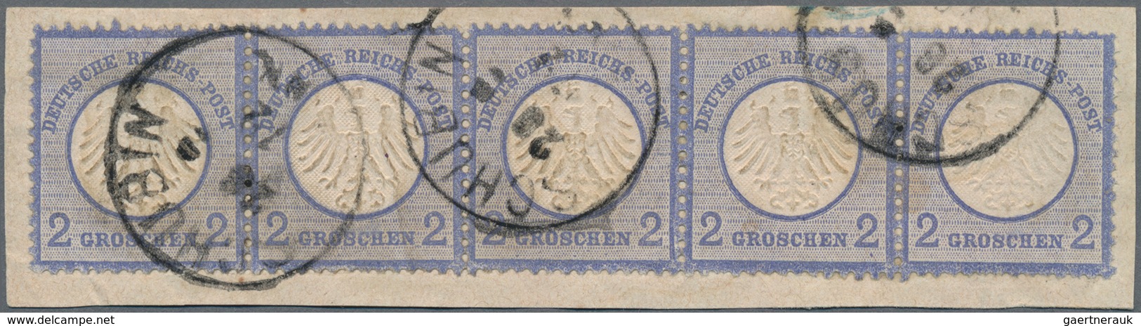Deutsches Reich - Brustschild: 1872, Kleiner Schild 2 Gr. Ultramarin Im 5er Streifen Auf Briefstück - Ungebraucht